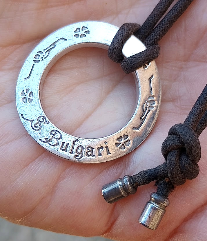 BVLGARI 925 Silver Round Logo Pendant Black Leather Cord Necklace Signed Rare BVLGARI 925 Silver Round Logo Pendant Black Leather Cord Necklace Signed Rare