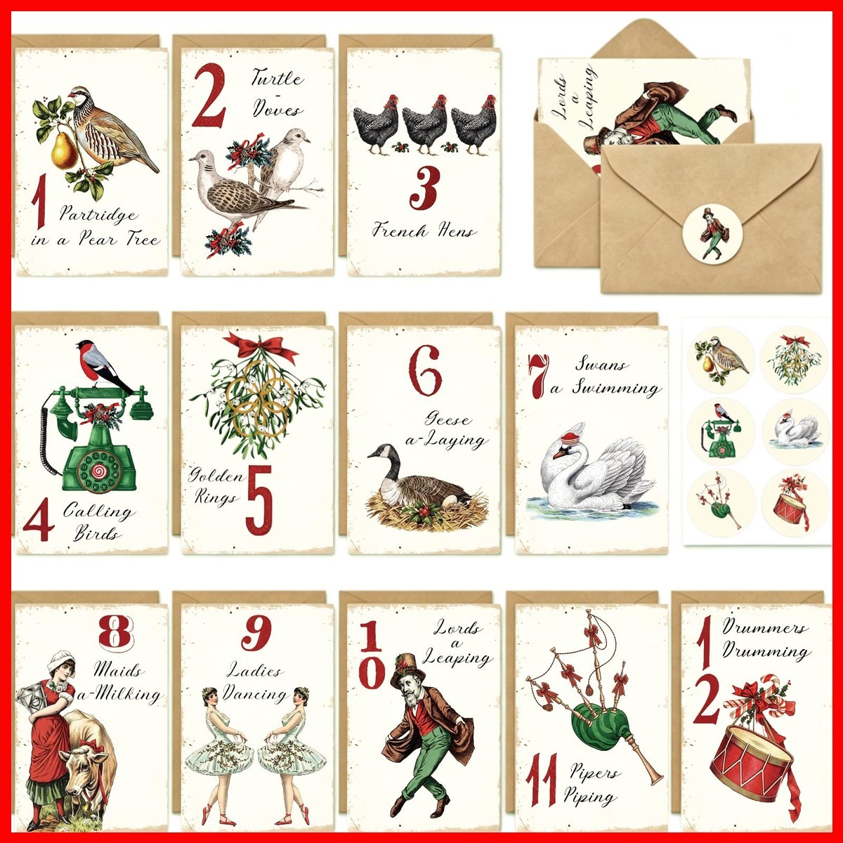 Whaline 12 Pcs Christmas Greeting Cards, Vintage 12 Days Of Christmas