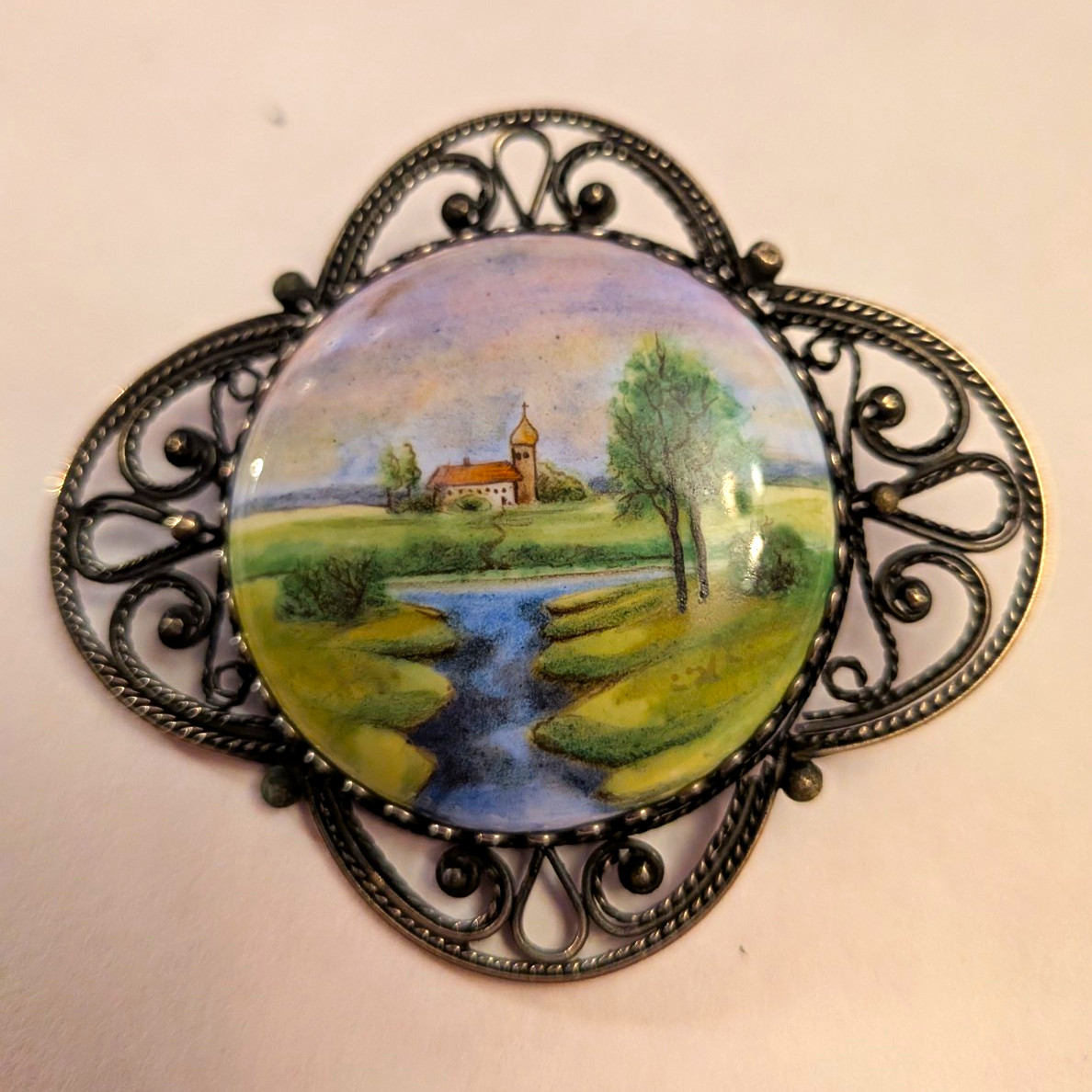 Vtg Hand-Painted Landscape Scenic Brooch Pin Filigree Frame Silver Tone 2in Vtg Hand-Painted Landscape Scenic Brooch Pin Filigree Frame Silver Tone 2in
