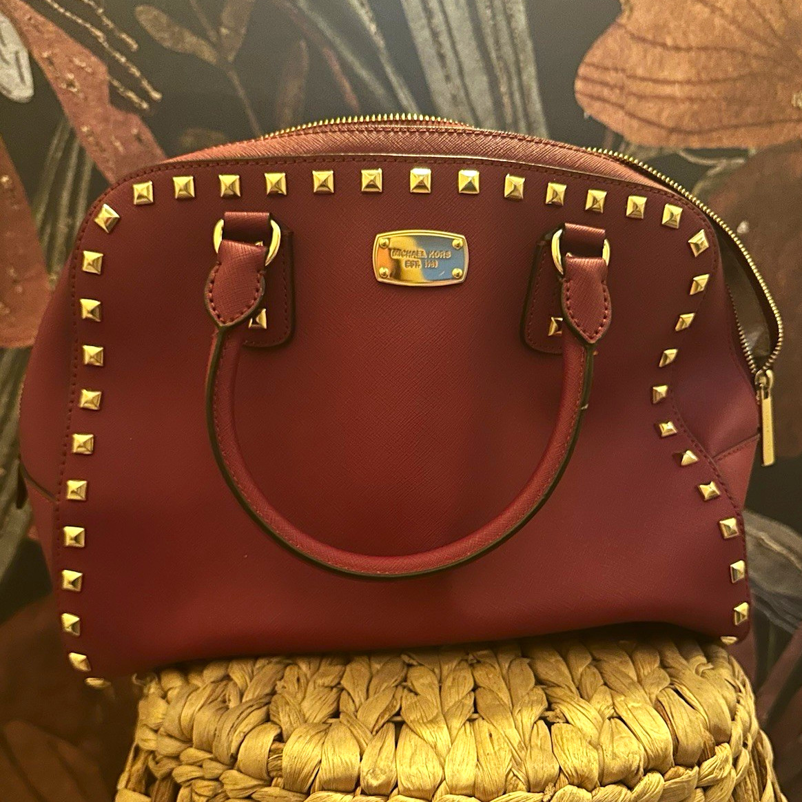 Michael Kors Burgundy Studded Satchel Top Handle Bag Zip Lined Pockets