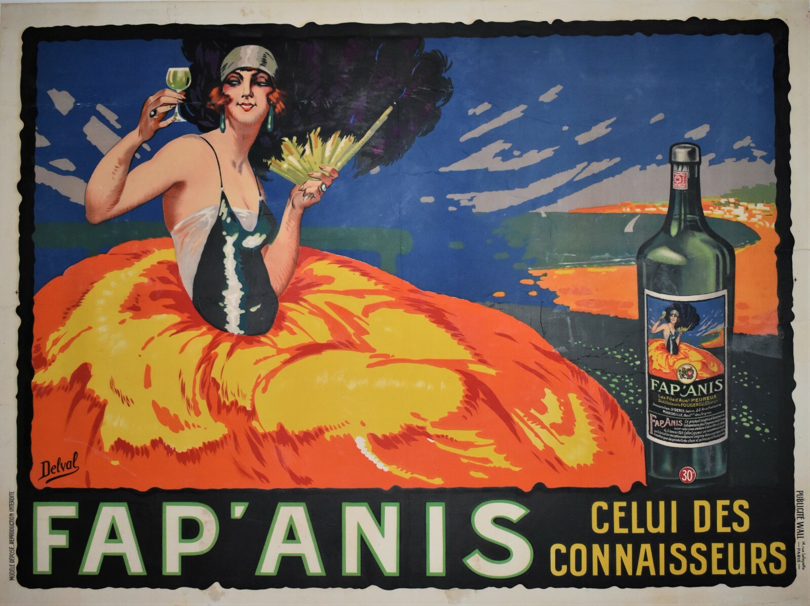 Iconic and Original 1920s Large Size Fap Anis Alcohol Poster - Linen backed
