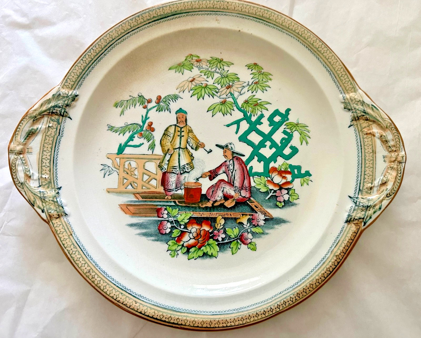 Antique B&H PEKIN Chinoiserie tansferware handled serving platter 