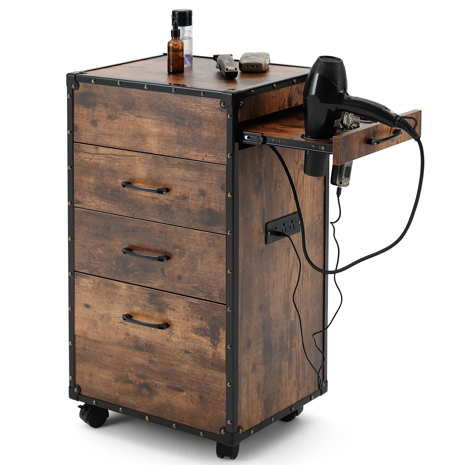 Pro Vintage Salon Trolley Cart Beauty Barber Station 3Drawer,Wheel,Power Outlets