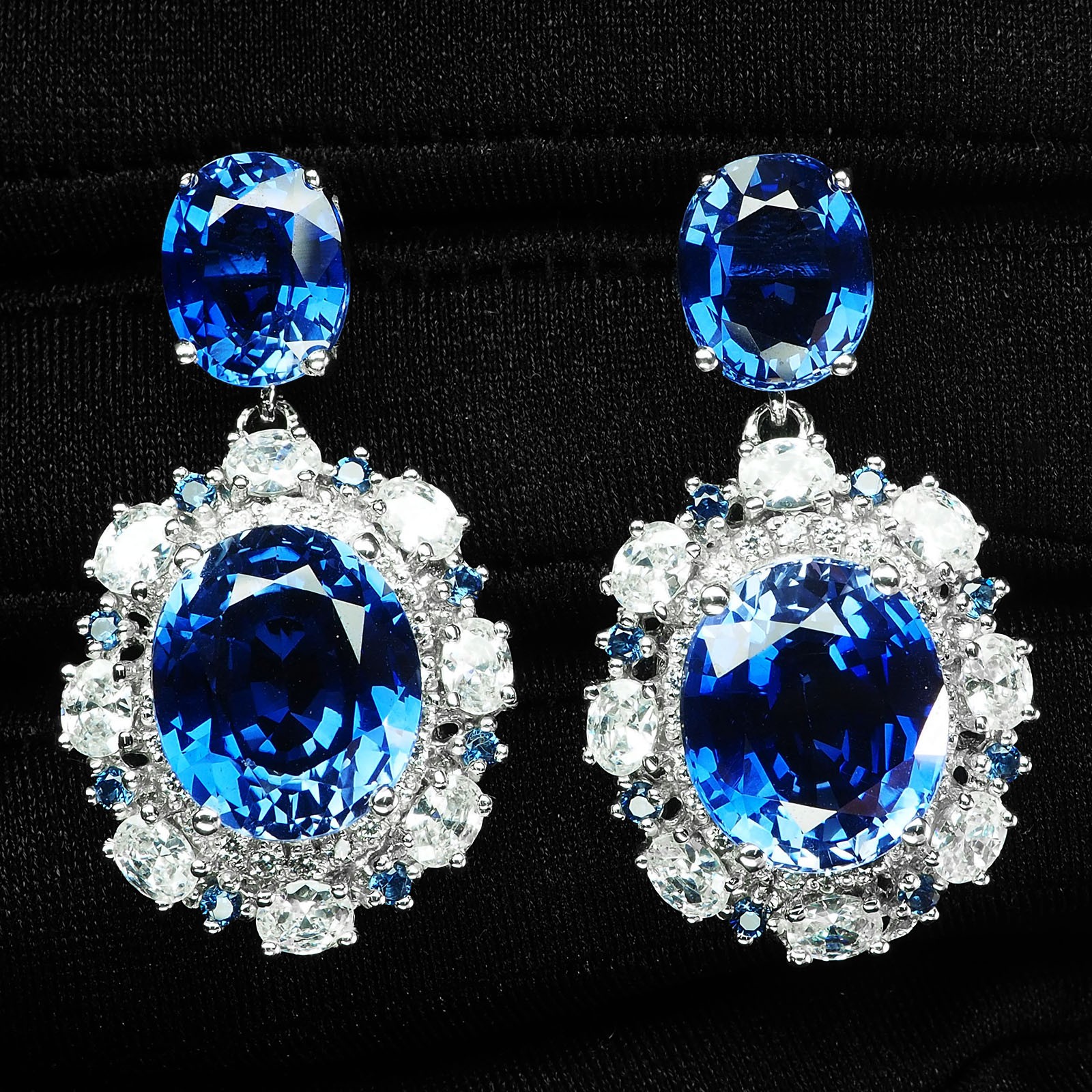 Sumptuous Royal Blue Sapphire 25.65Ct 925 Sterling Silver White Gold Earrings