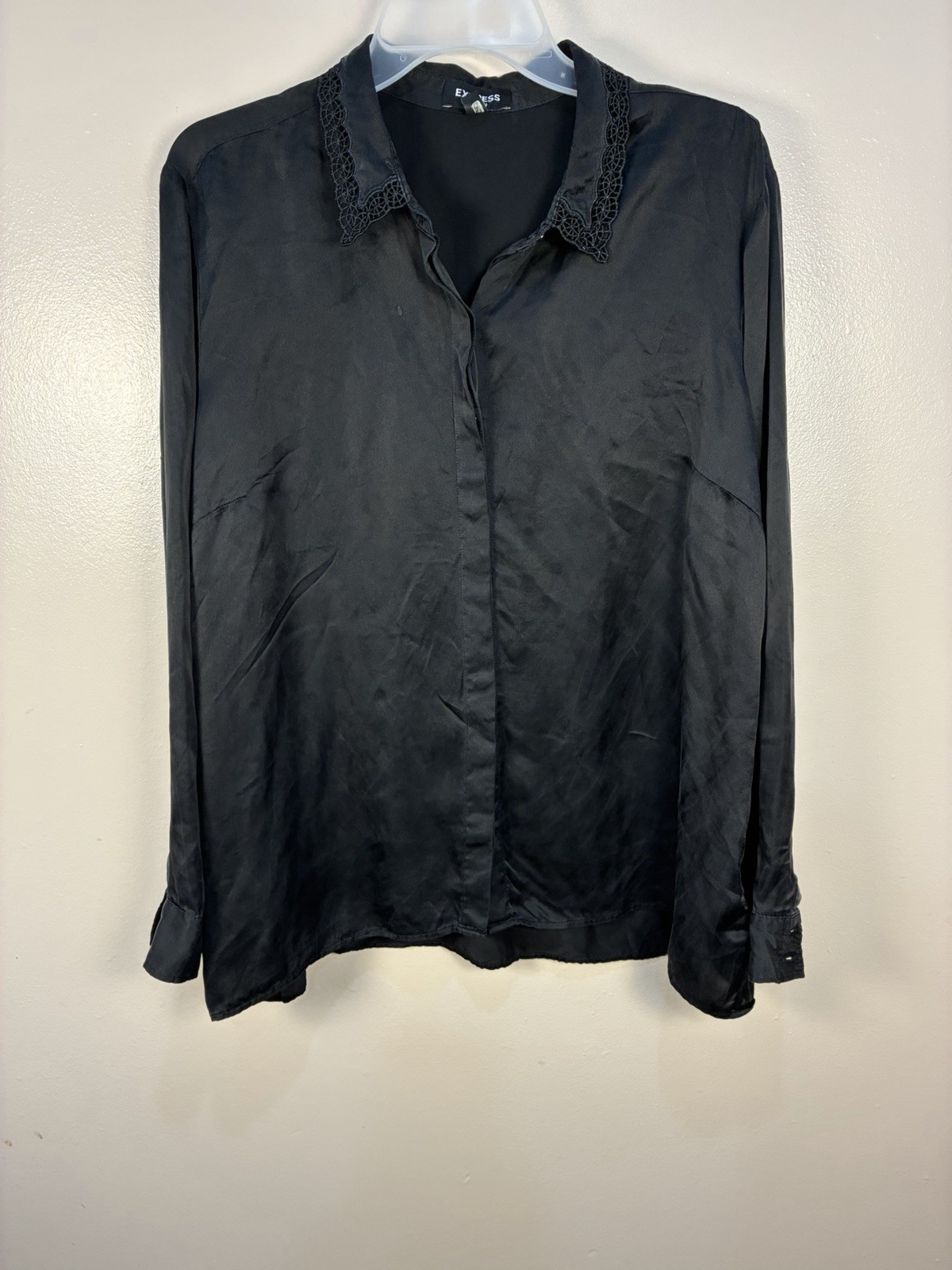 VTG Express Portfolio 100% Silk Lace Collar Blouse XL Black Button Front
