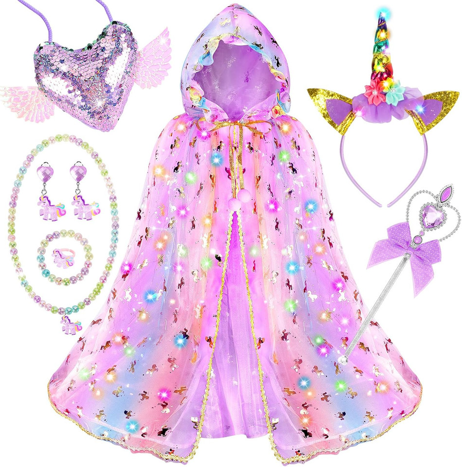 Princess Dress up for Girls,Unicorn Light up Princess Cape Set,Light
