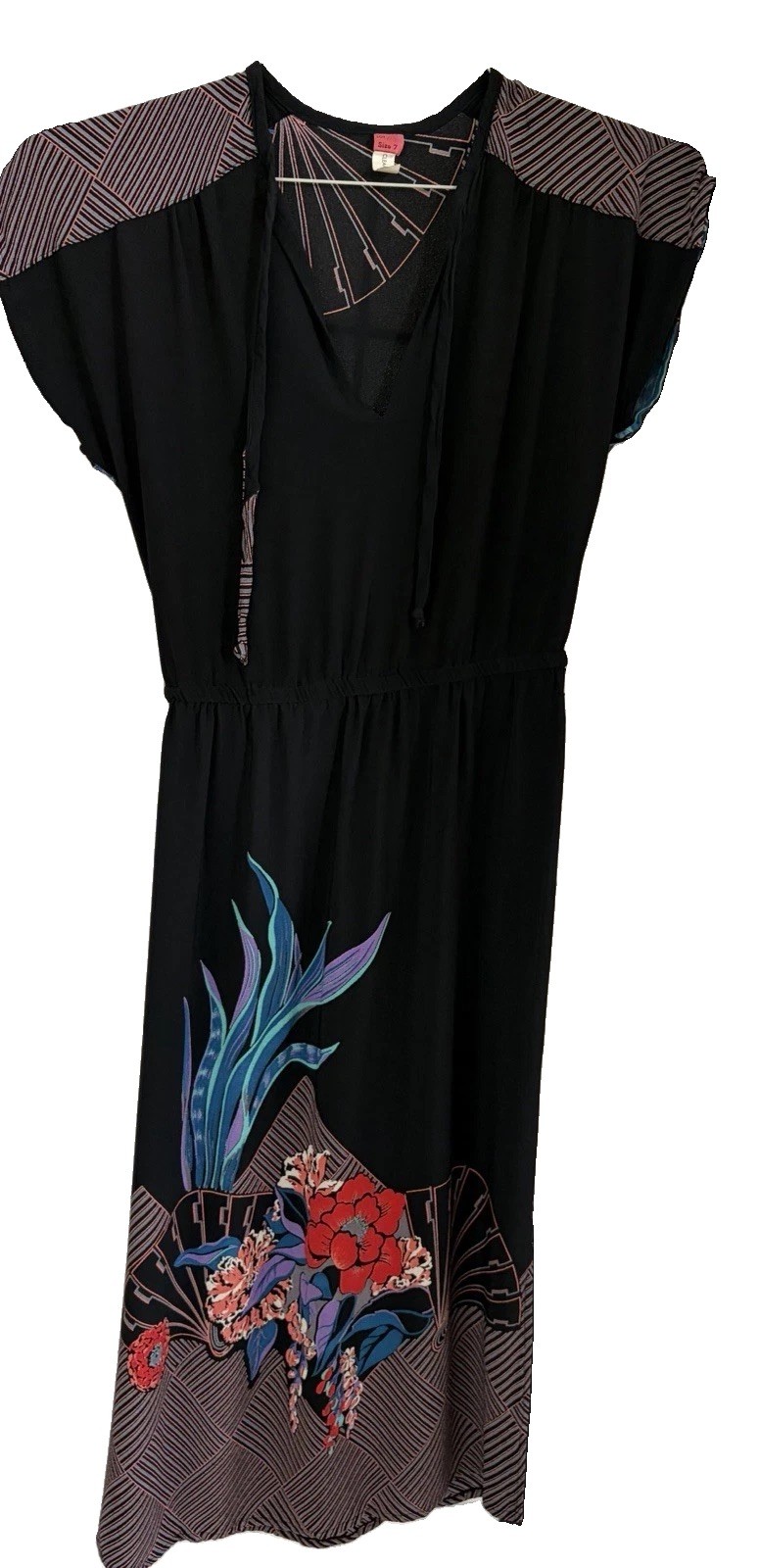 Vintage Black Asian Theme Mod Dress Red & Blue Tropical Flower Print 1970s Rare