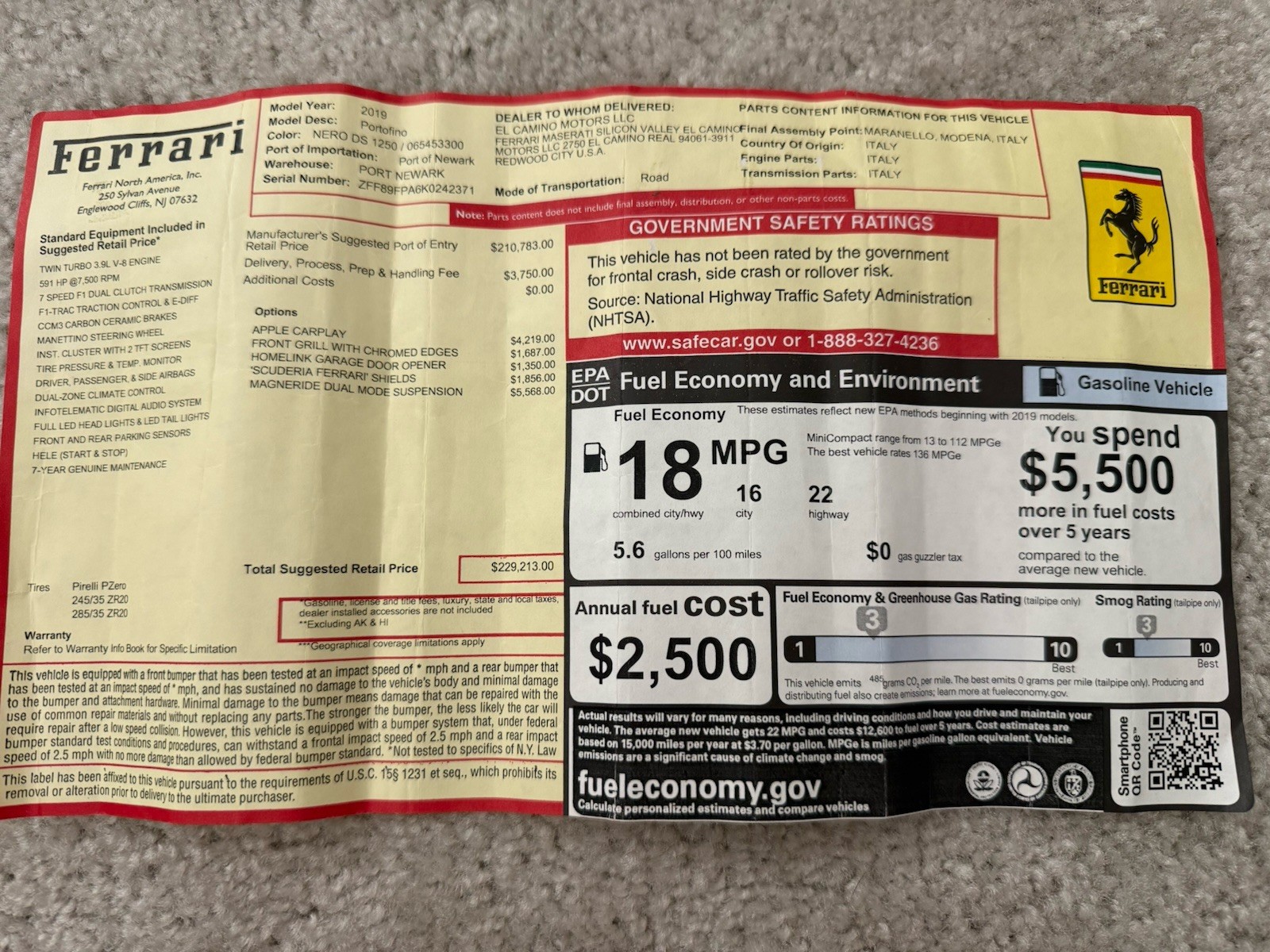 2019 Ferrari Portofino F164 Original Factory Window Sticker  ZFF89FPA6K0242371