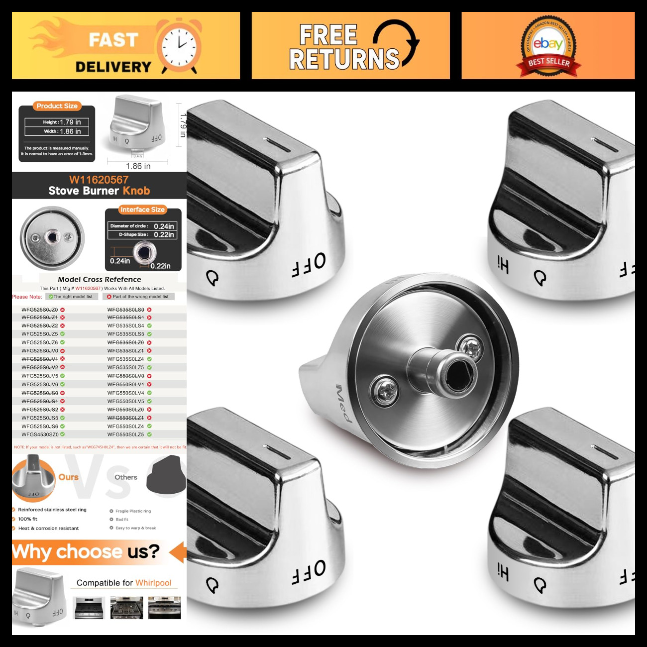 5Pcs Gas Stove Knobs Replacement for Whirlpool Range Oven W11510456 PS16745048 5Pcs Gas Stove Knobs Replacement for Whirlpool Range Oven W11510456 PS16745048
