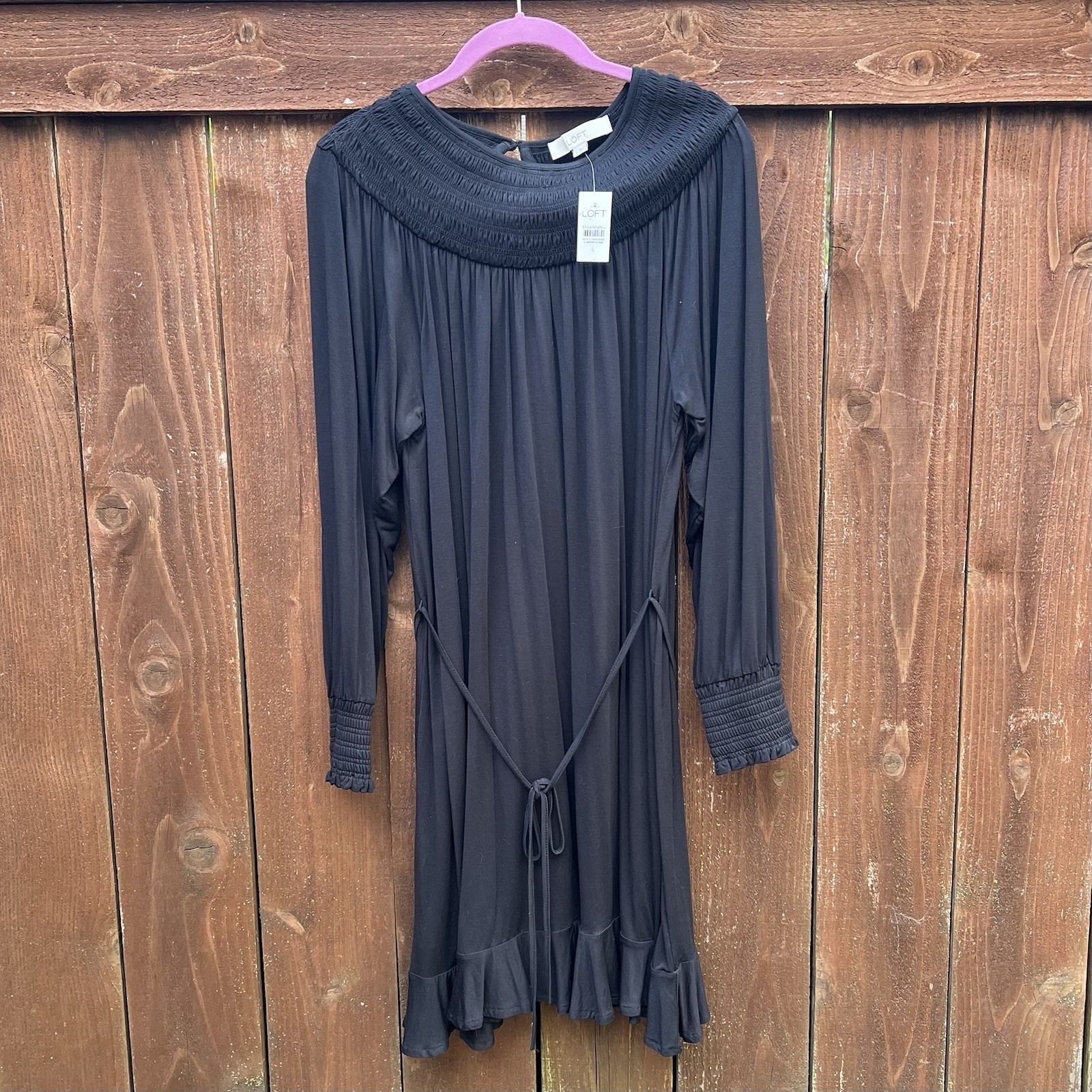 NWT LOFT Dress Womens Large Black Smocked Yoke Long Sleeve Ruffle Midi Shift