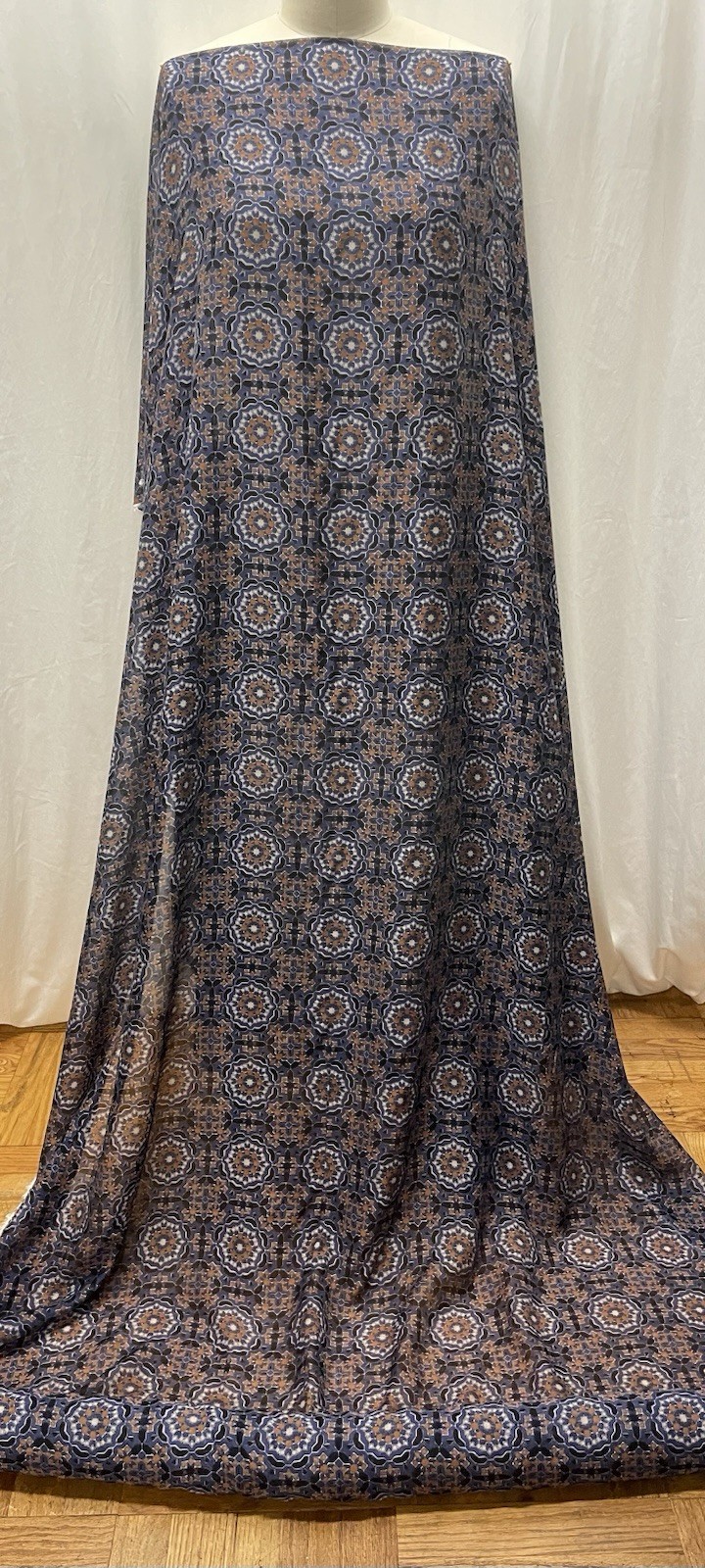 100% High Quality Silk Batiste Geometric Tile Blue Print Fabric By 56\