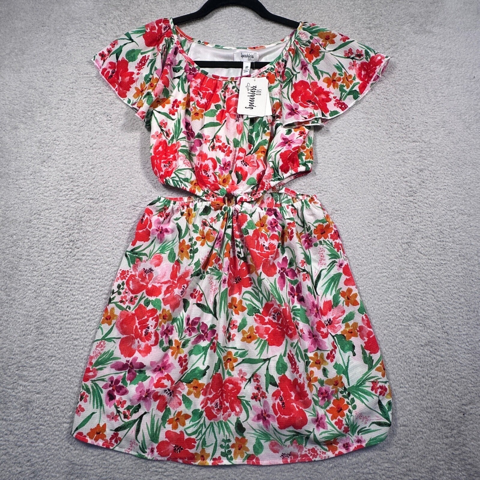 NWT Speechless Kids Floral Cutout Dress Ruffle Sleeve Party White Red Girls 10