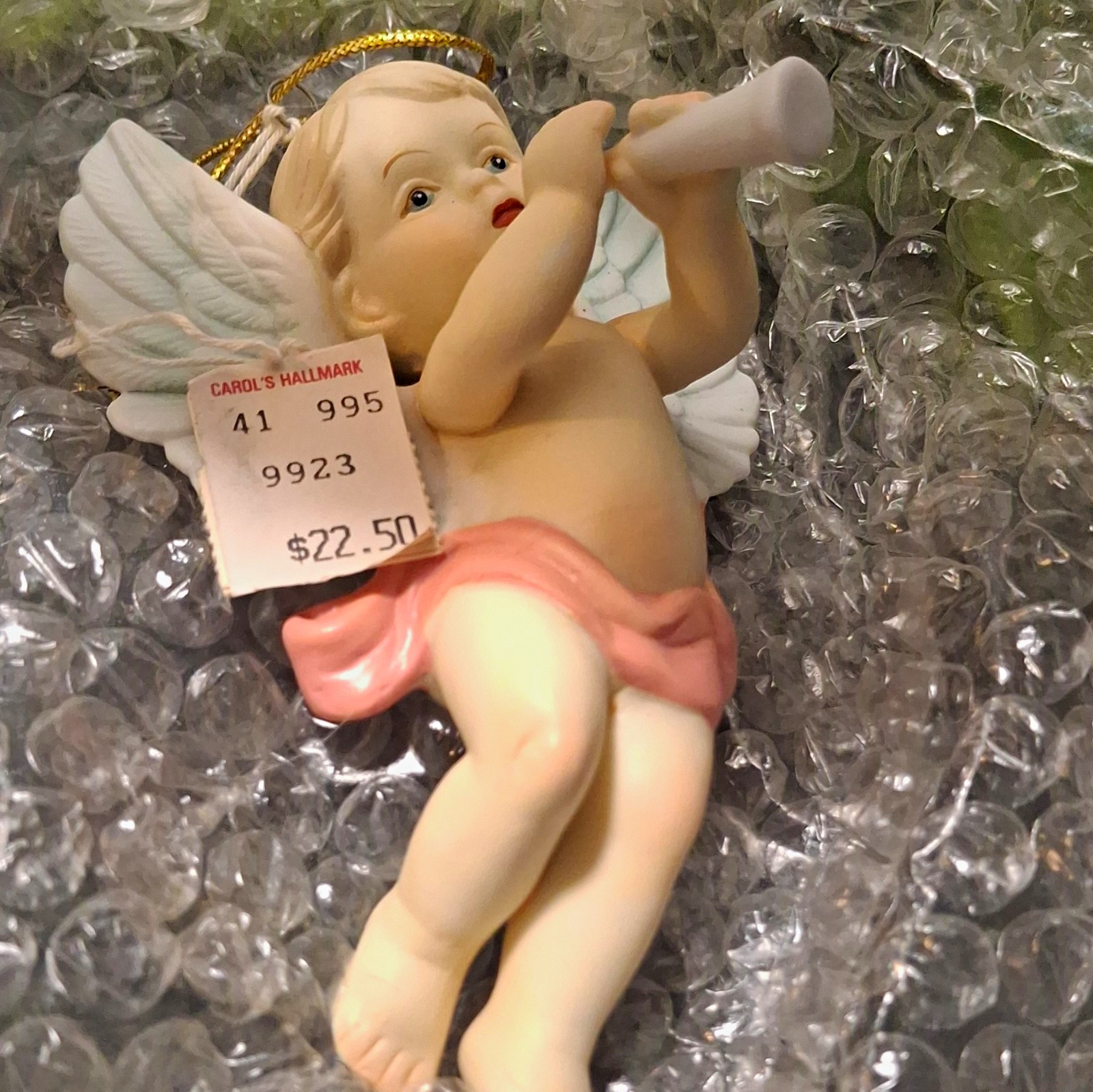 Hallmark Porcelain Angel Cherub Ornament Playing Horn Multicolor 1990s
