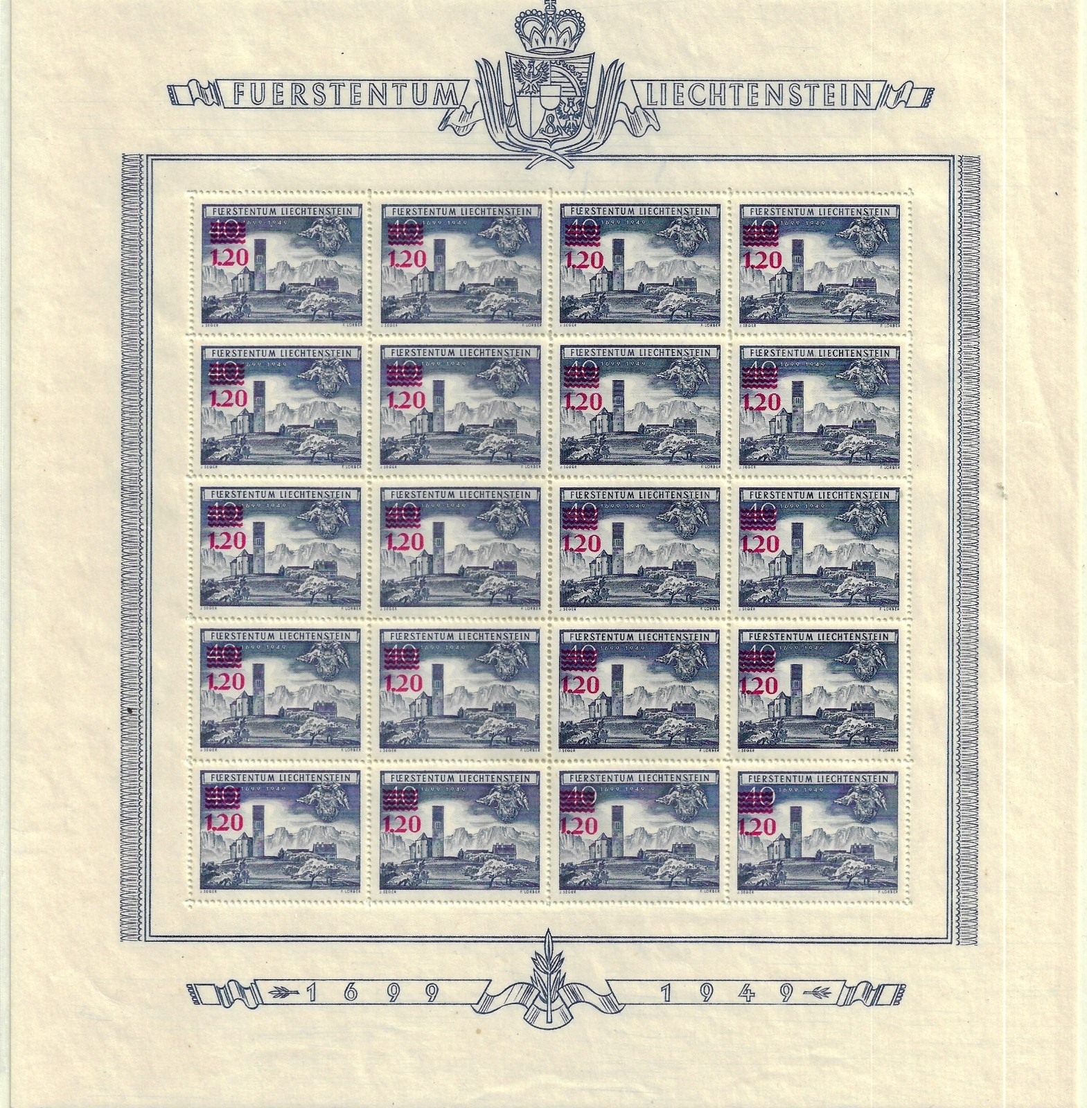 1952 Liechtenstein Mini Sheets 244 Unified 282 Michel Overprinted Catalog 271