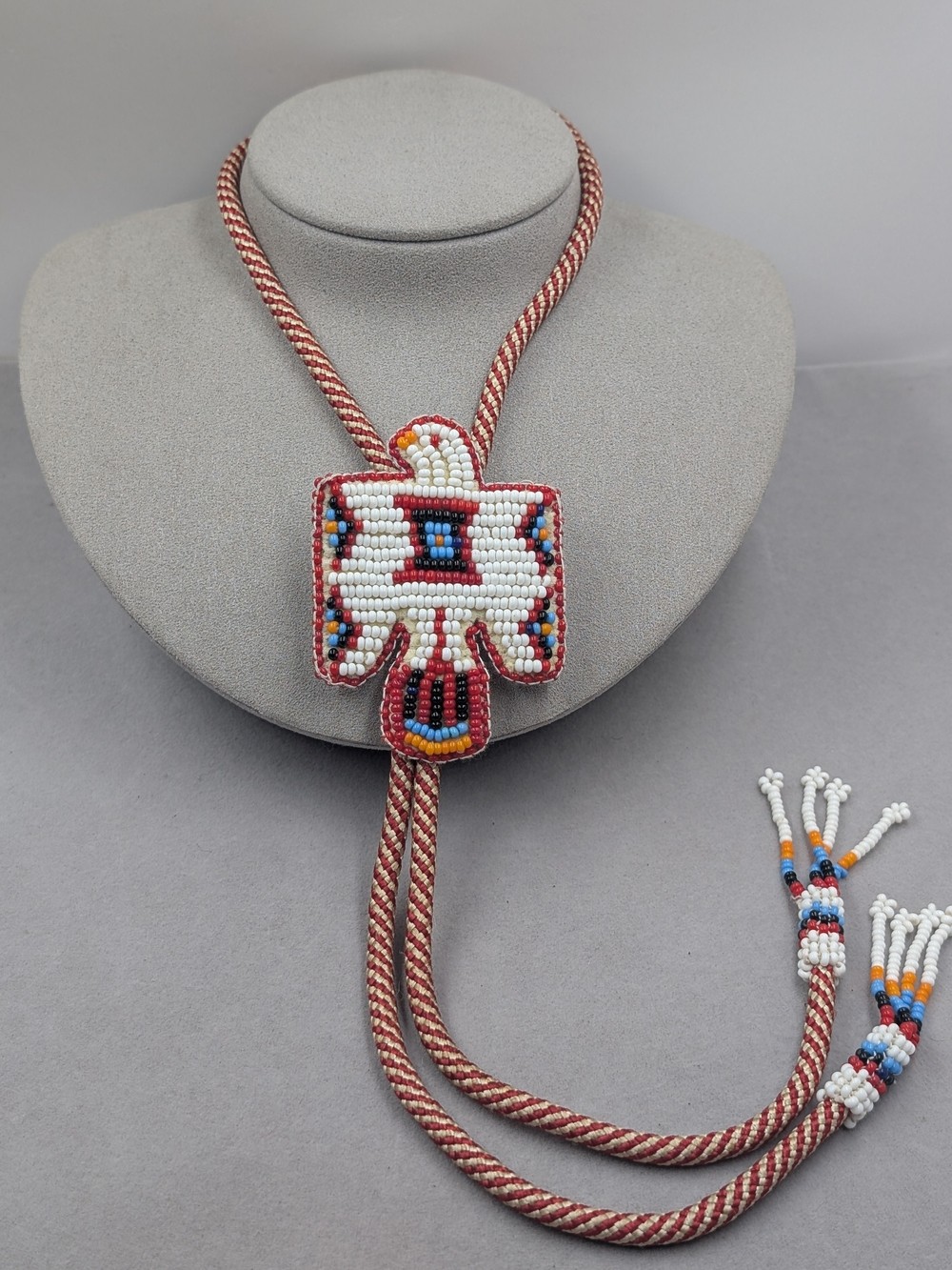 Vintage Southwestern Beaded Thunderbird Bolo Tie Seed Bead Tassels | 1218 Lariat