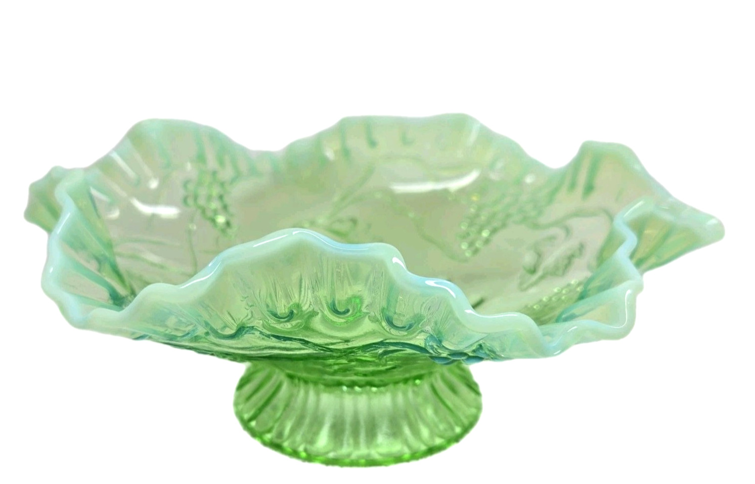 Antique Jefferson Green Opalescent Glass Grape Ruffled 3 Footed Candy Bowl 7.5\