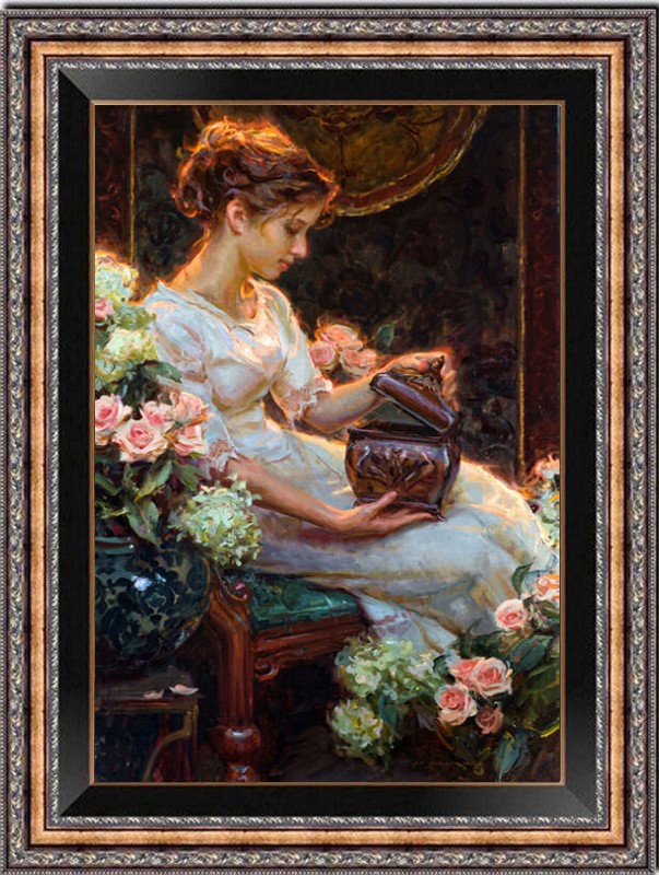 Hand Painted Oil Painting Victorian Lady Opening Treasure Box Roses Warm Light Hand Painted Oil Painting Victorian Lady Opening Treasure Box Roses Warm Light