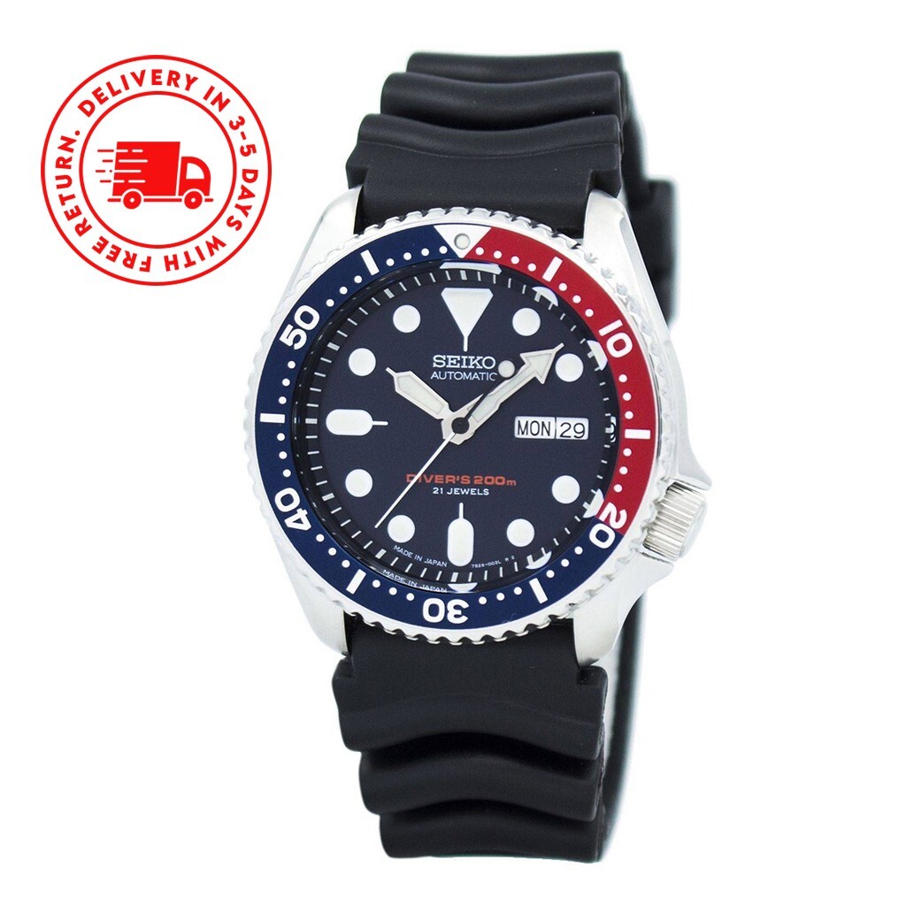 Seiko SKX009J1 Automatic 200m Diver Watch Pepsi Bezel Black Dial Stainless Steel