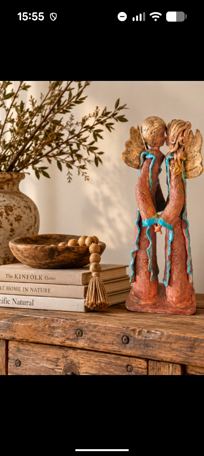 Large Kissing Angel  Sculpture – Handcrafted Terracotta Folk Art Turquoise 17\