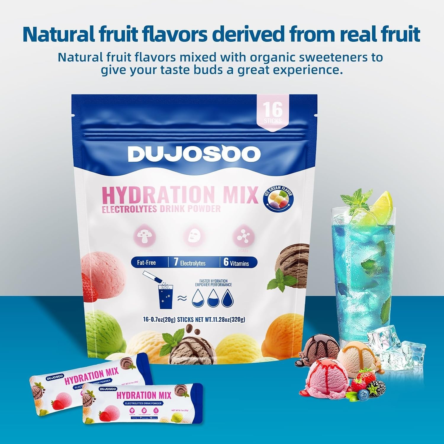 Electrolyte Powder, Sugar Free Ice Cream Flavor, 7 Electrolytes & 6 Vitamins,