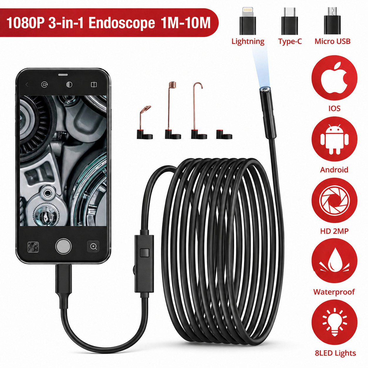 1920P HD Endoscope Borescope 8mm Inspection Snake Camera for iPhone Android iOS 1920P HD Endoscope Borescope 8mm Inspection Snake Camera for iPhone Android iOS