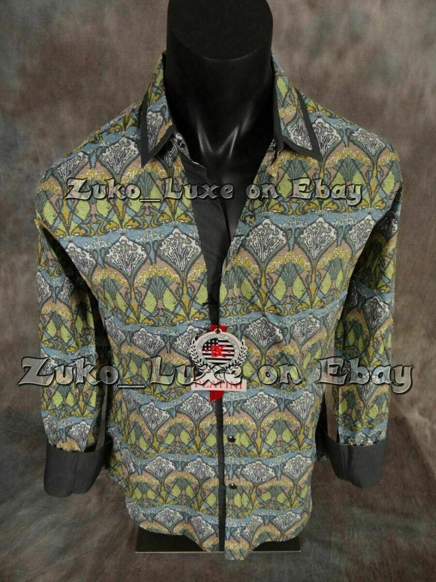 Designer Mens Shirt Muted Green Floral Patterns Trim PLATINI Premium Slim Fit Designer Mens Shirt Muted Green Floral Patterns Trim PLATINI Premium Slim Fit
