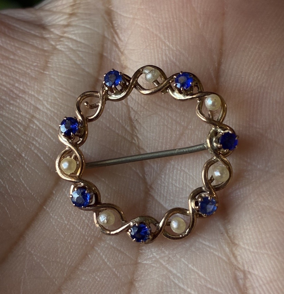Antique 14k Gold Circle Brooch Pin with Blue Round Stones & Seed Pearls