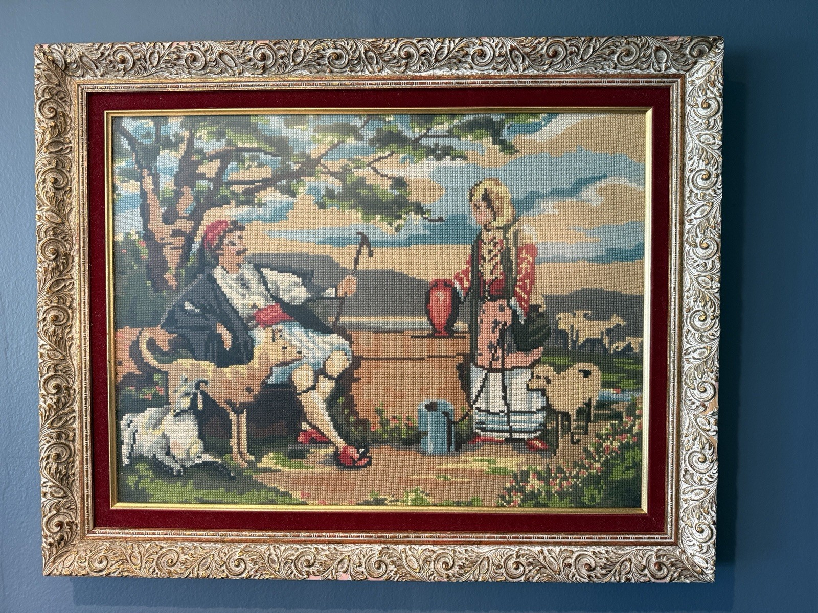 Vtg Greek Needlepoint Wall Art Pair Framed Traditional Evzone & Woman 28”x 22”