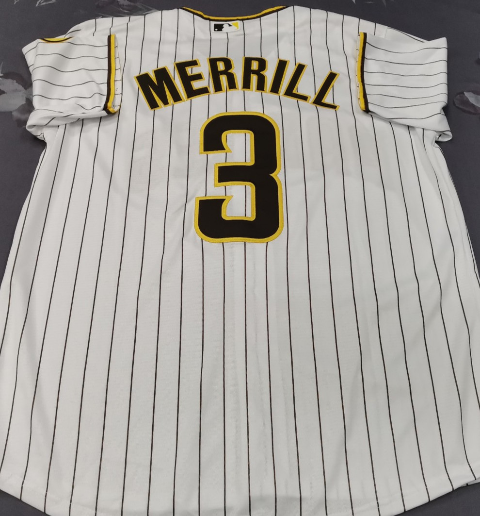 Jackson Merrill #3 SD Padres White Stripe Cool Base Sewn Stitched Jersey.