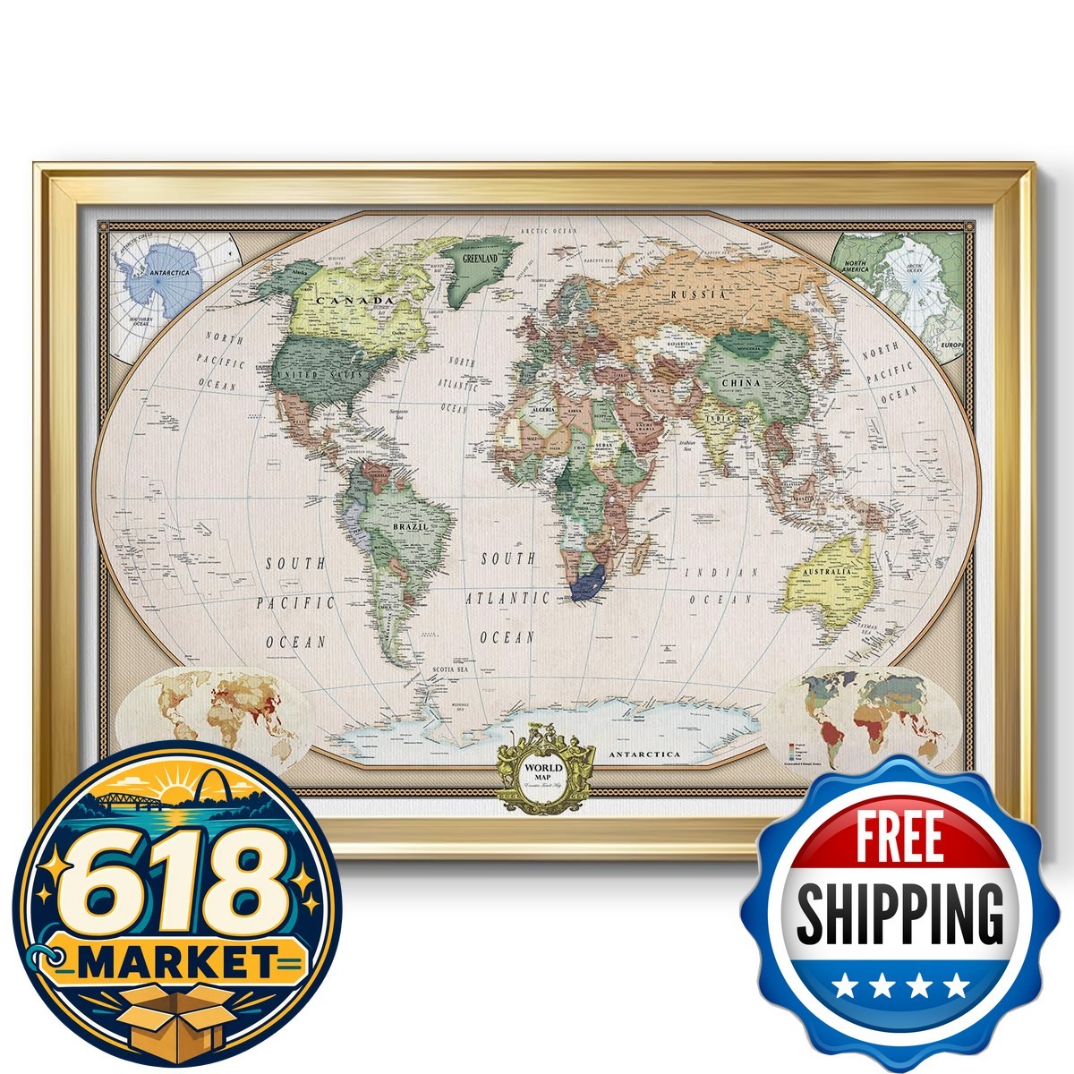 Renditions Gallery Colorful World Map Canvas Wall Art Gold Frame Push Pins