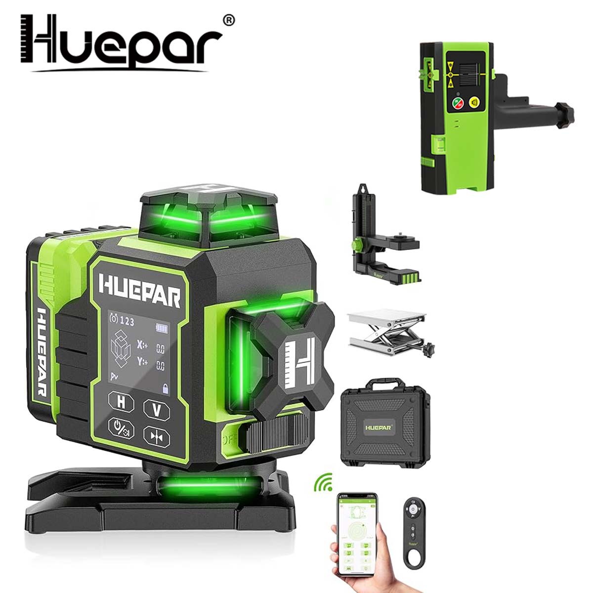 Huepar 4D Laser Level 360° Self-Leveling Cross Line & LCD Display W04CG+Receiver Huepar 4D Laser Level 360° Self-Leveling Cross Line & LCD Display W04CG+Receiver