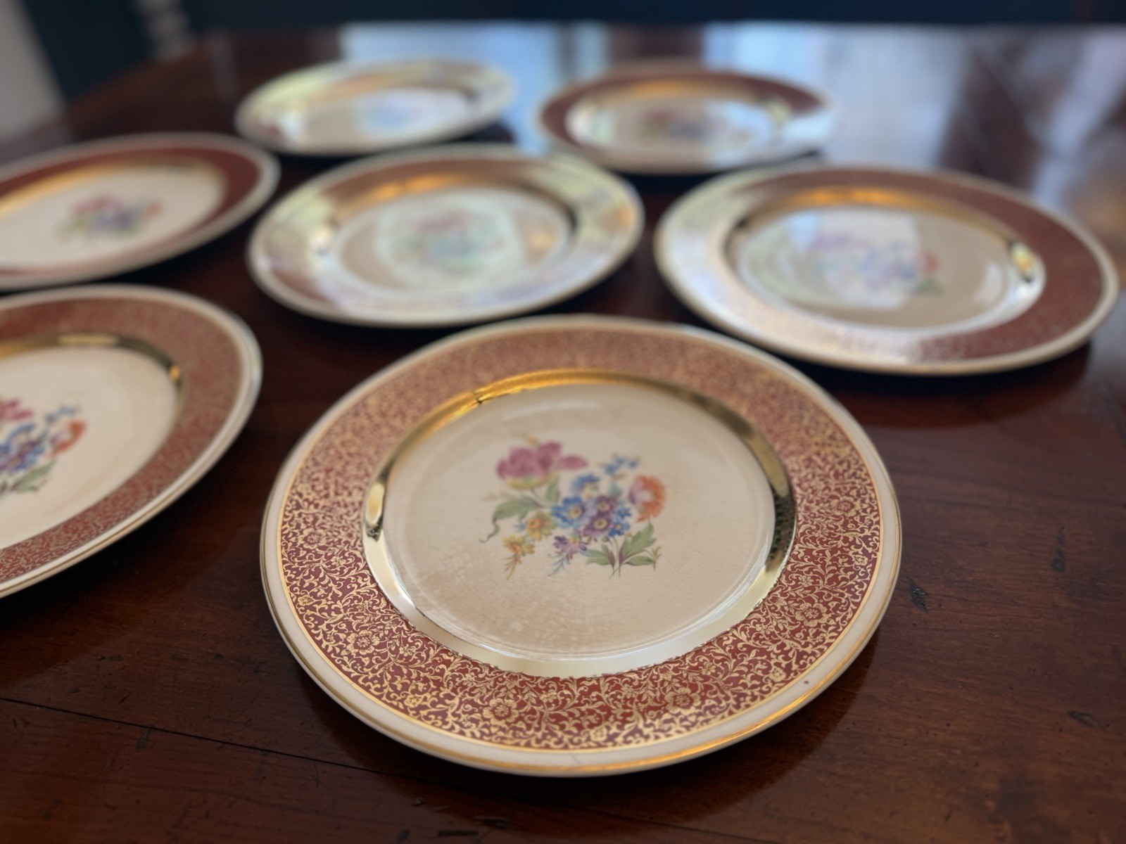 Set of 7 Vintage Harker Pottery Dresden Duchess Maroon 22K Gold 9.75” Dinner Plt