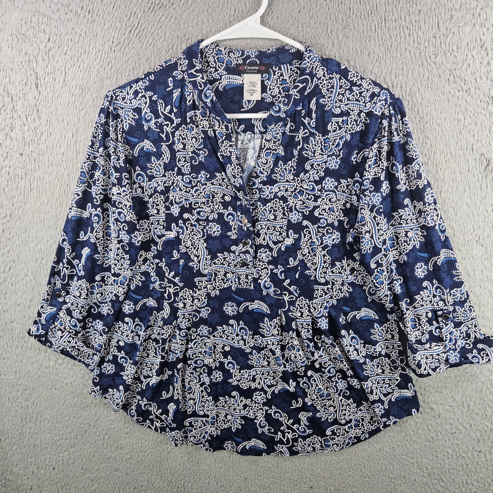 Cocomo Petite Womens Blue White Paisley Dot Print 3/4 Sleeve Blouse PM Cocomo Petite Womens Blue White Paisley Dot Print 3/4 Sleeve Blouse PM