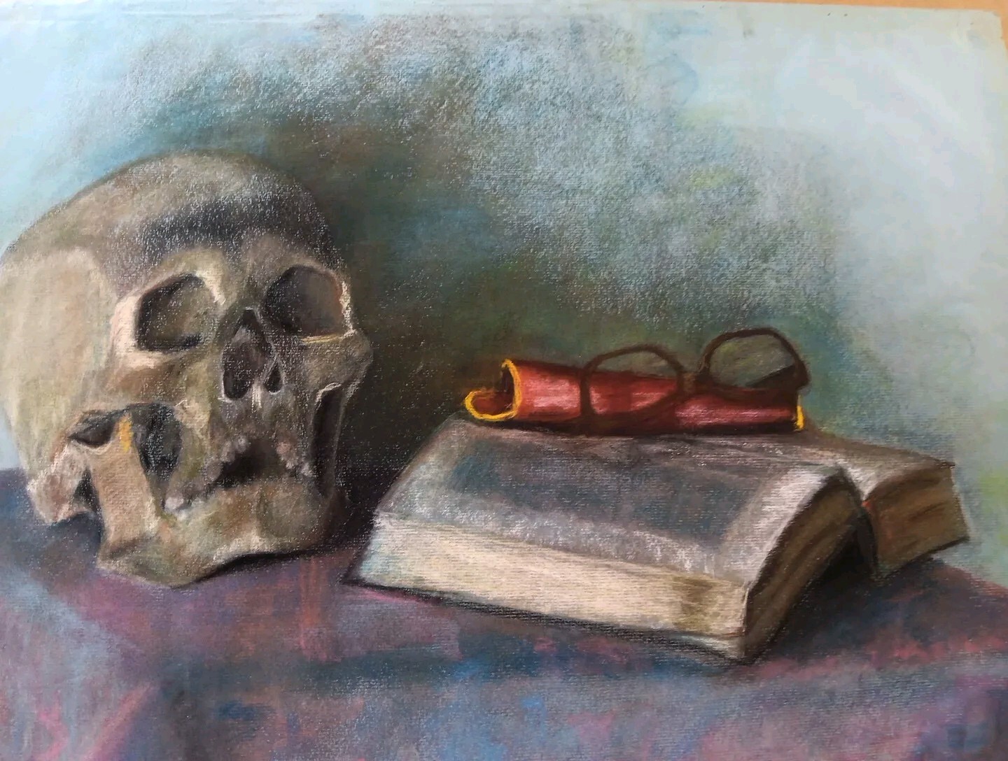 Deviant Outsider Painting on Paper MCM Human Skull Steampunk Goth Weirdo Death