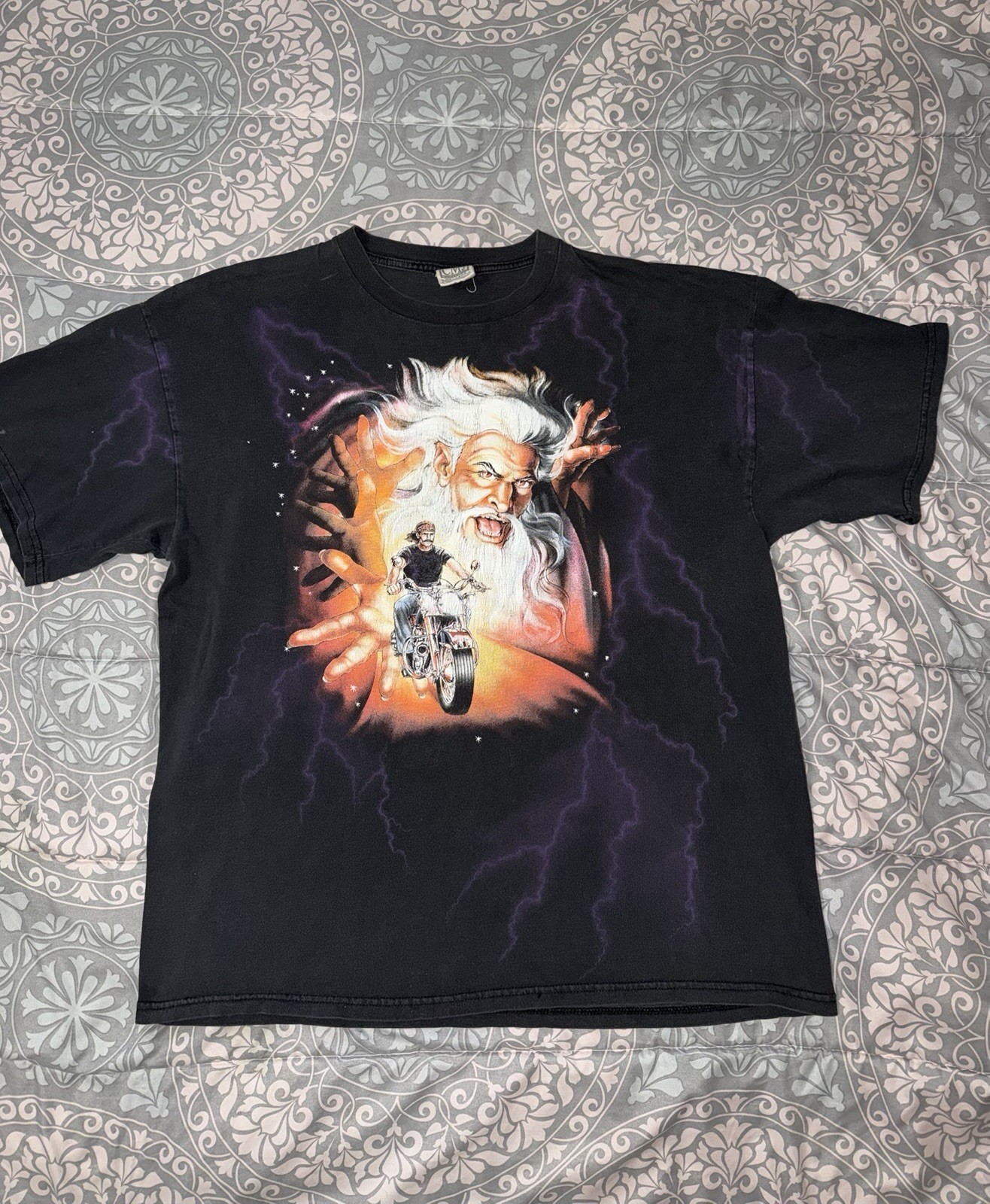 Vintage 1990 3D Emblem Wizard Motorcycle T-Shirt Black Rare Single Stitch AOP