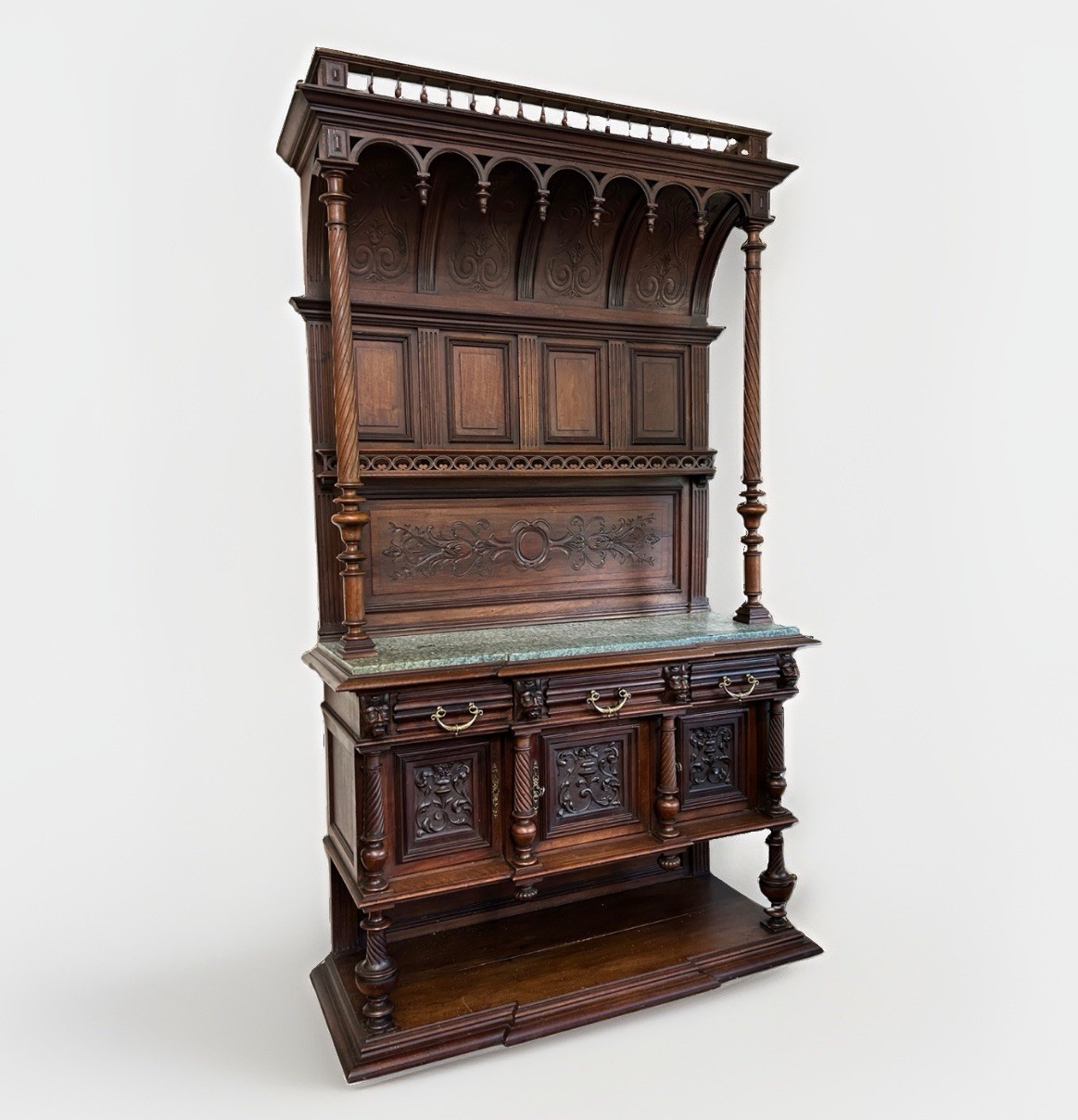 Antique French Walnut Barrel Top Renaissance Revival Cabinet w/Green Marble