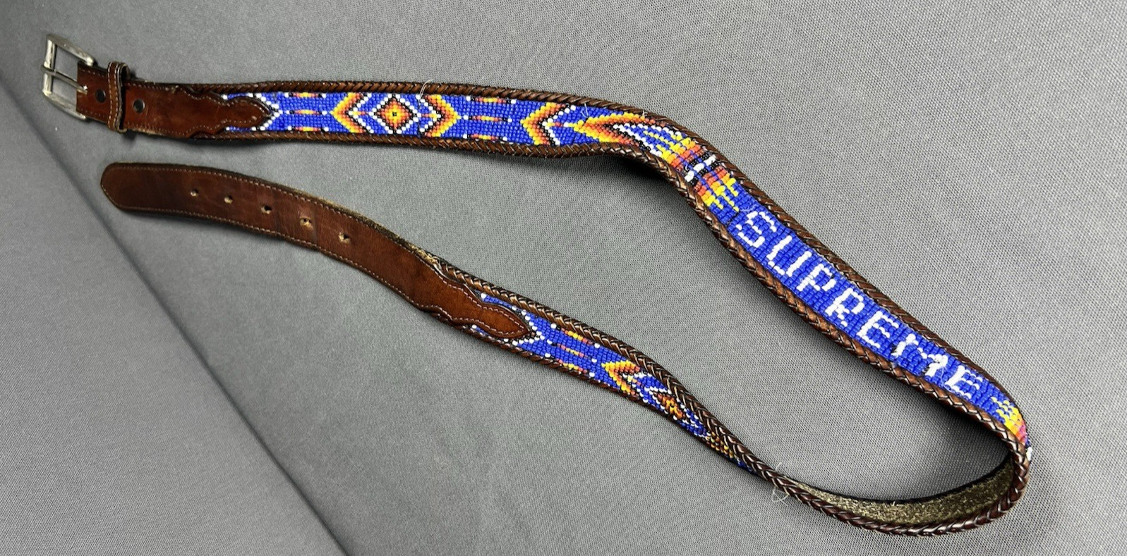 Vintage Supreme Aztec Beaded Leather Belt Blue SS12 2012 L/XL Mexico Rare BB