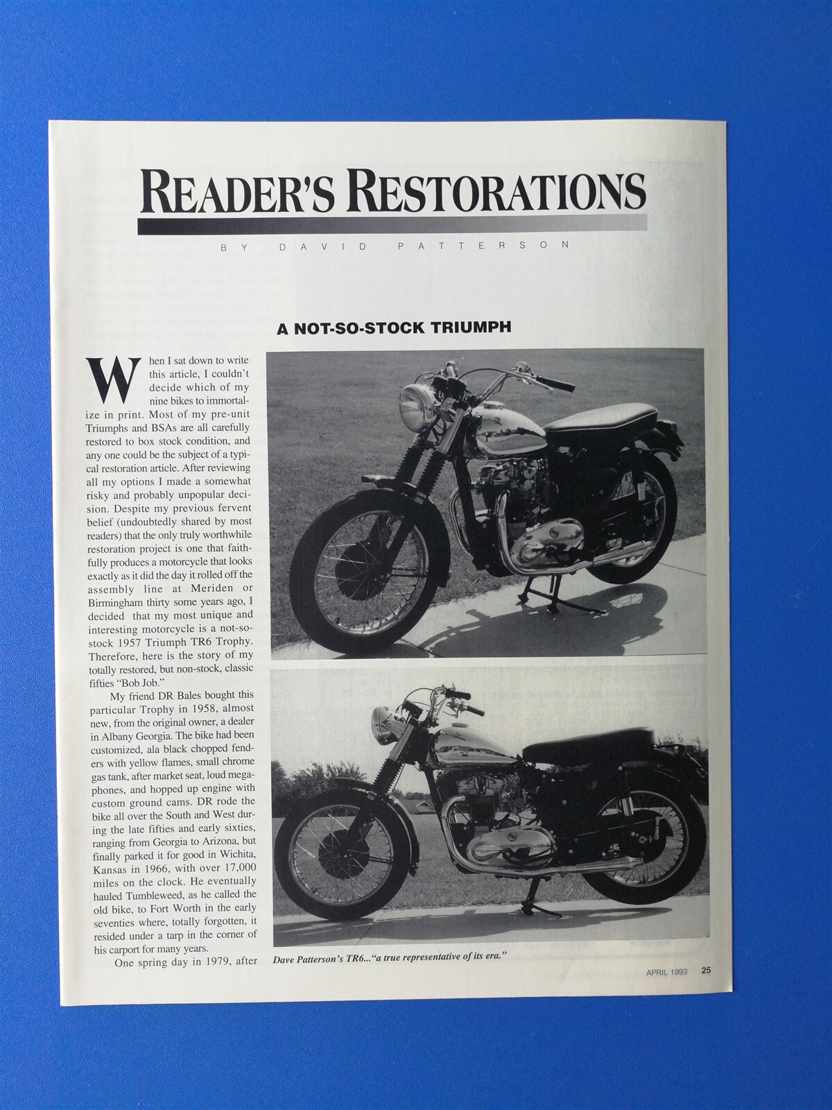 1957 Triumph TR6 Motorcycle - Original 3 Page Restoration Article