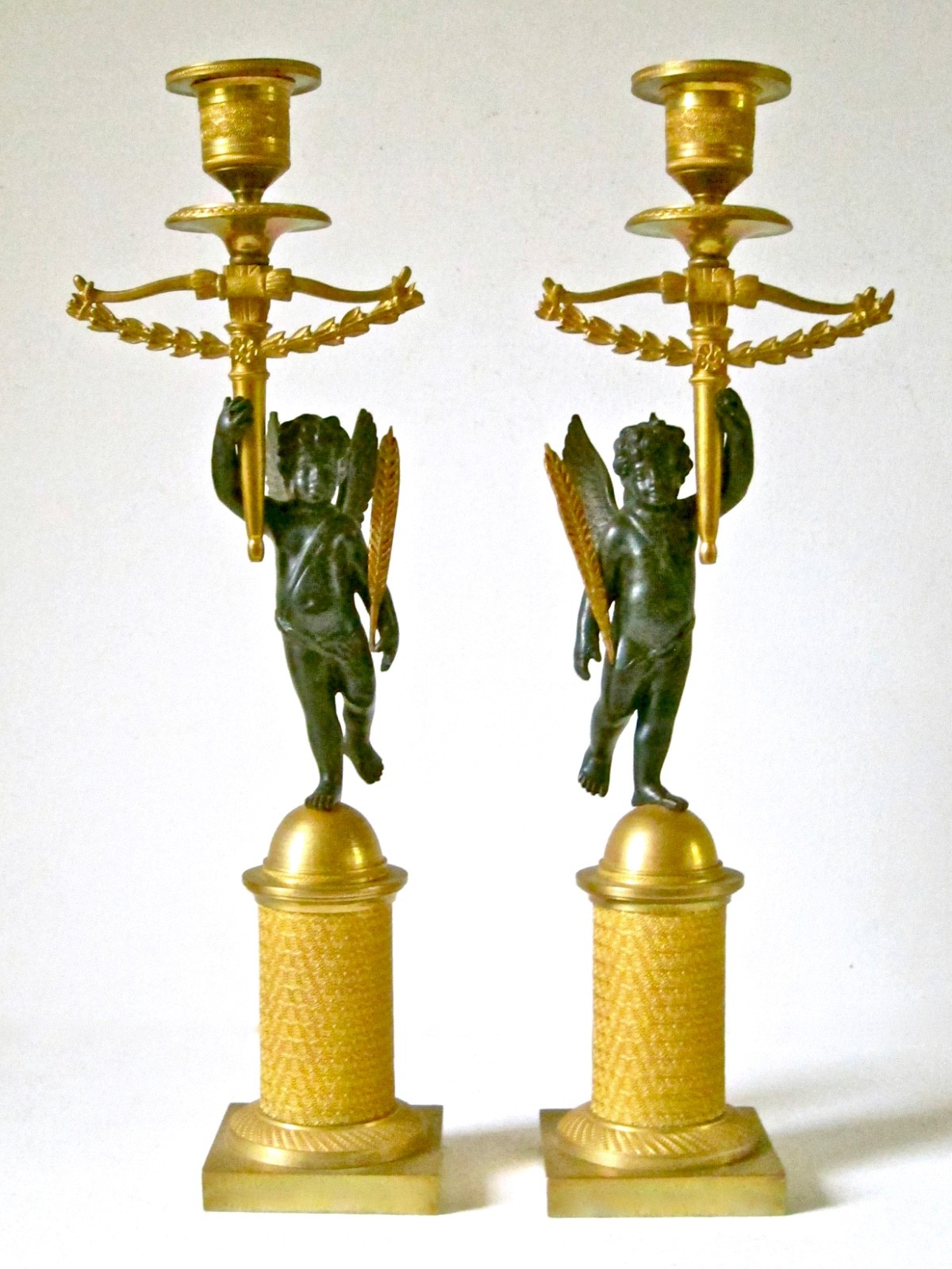 Pair French Empire Ormolu Gilt & Patinated Bronze Candlestick Holders c.1800