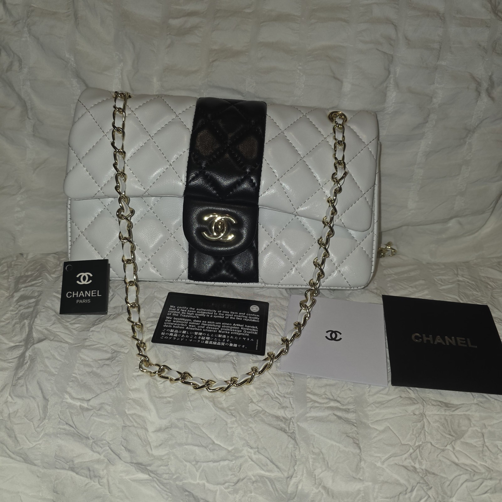 Chanel Matelasse 25 Coco Mark Double Flap Bicolor Chain Bag White Black