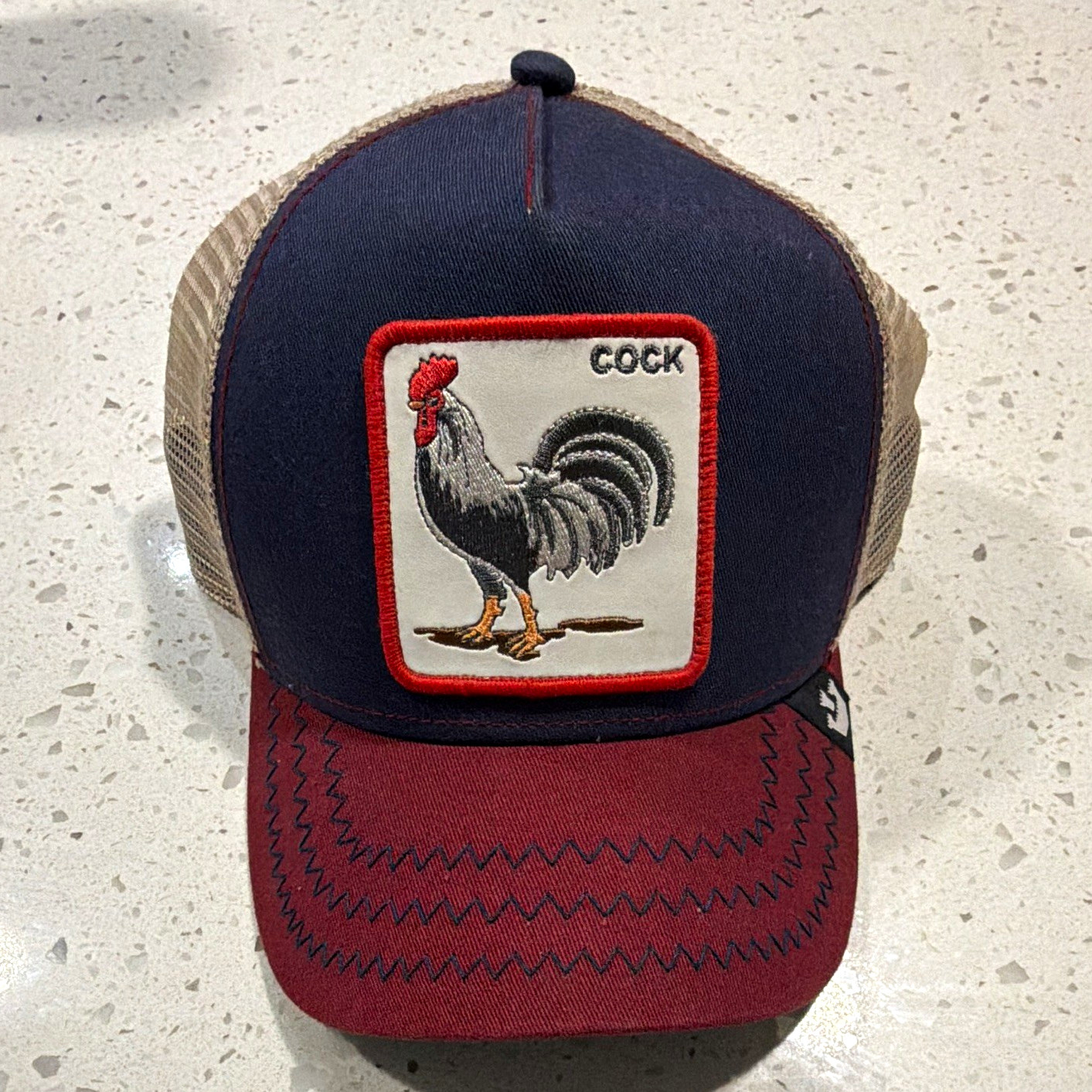 Goorin Bros. Navy/Red/Beige Adjustable Trucker Hat One Size Rooster Patch Goorin Bros. Navy/Red/Beige Adjustable Trucker Hat One Size Rooster Patch