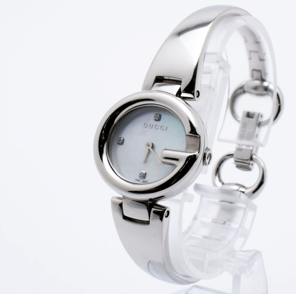 [N MINT] GUCCI Guccissima 134.5 Silver 3P Diamond White Shell Ladies Watch JAPAN
