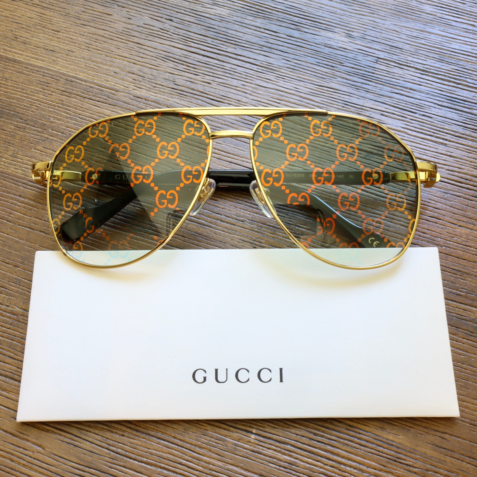 Gucci GG1220S 59mm Aviator Sunglasses in Gold with Green GG Pattern Lens Gucci GG1220S 59mm Aviator Sunglasses in Gold with Green GG Pattern Lens