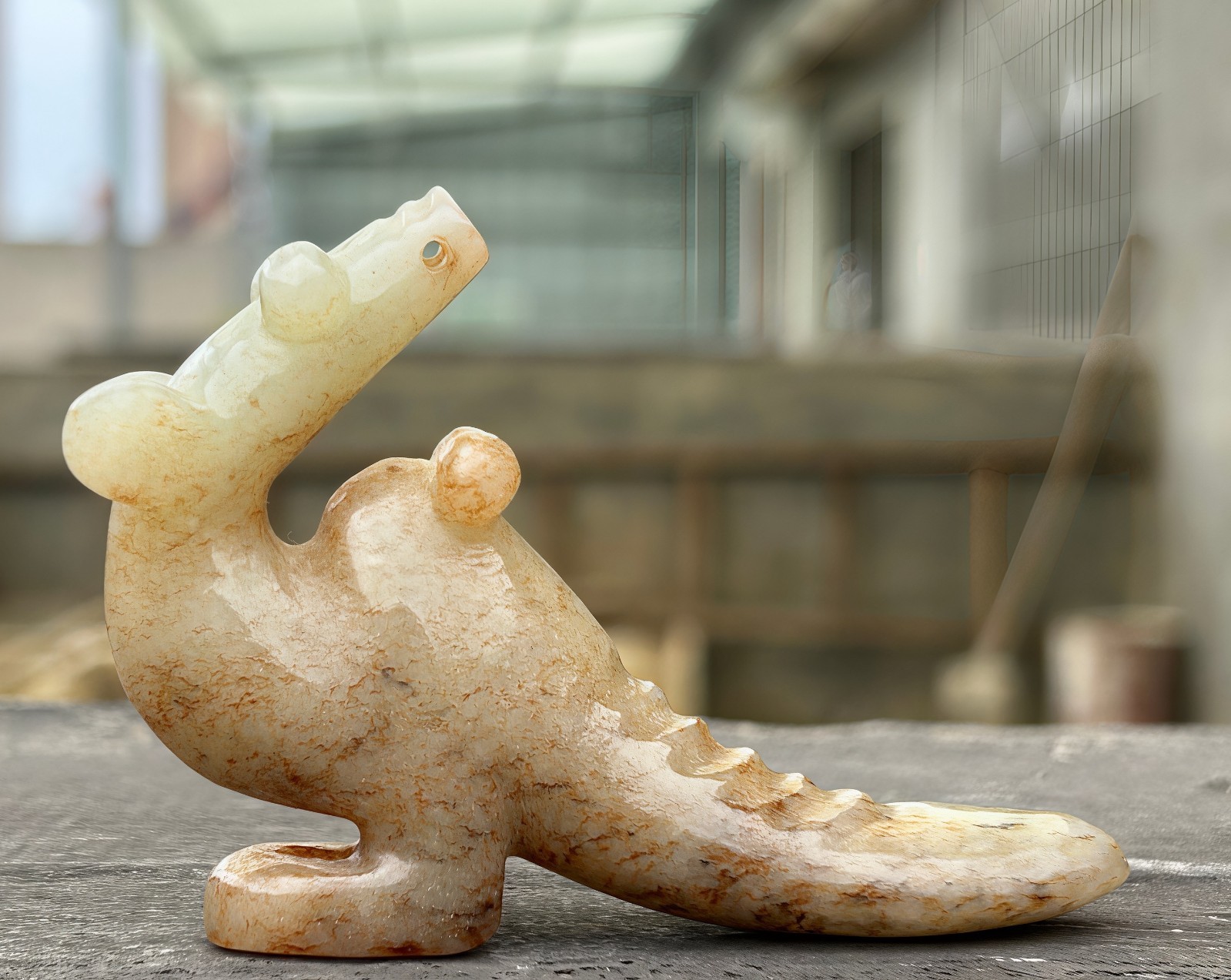Chinese Antique Hetian Jade Dragon Statue Carved Mythical Beast Nephrite Figurin