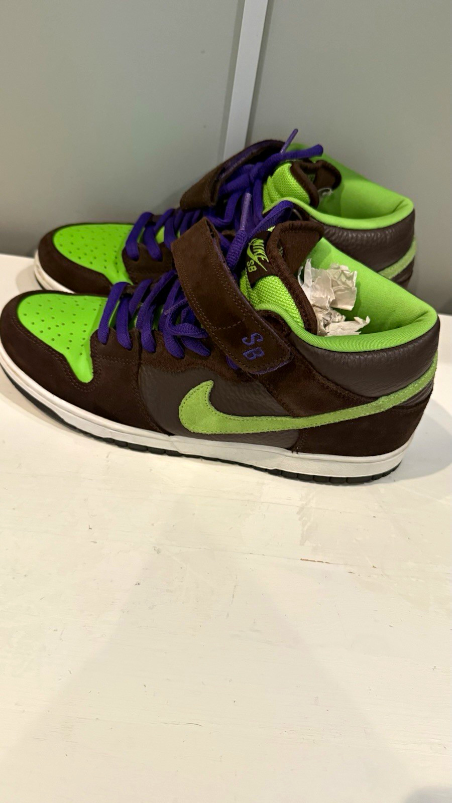 Nike SB Dunk Mid Colorblock Brown/Green/Purple Mid Top Strap Skate Shoes Nike SB Dunk Mid Colorblock Brown/Green/Purple Mid Top Strap Skate Shoes