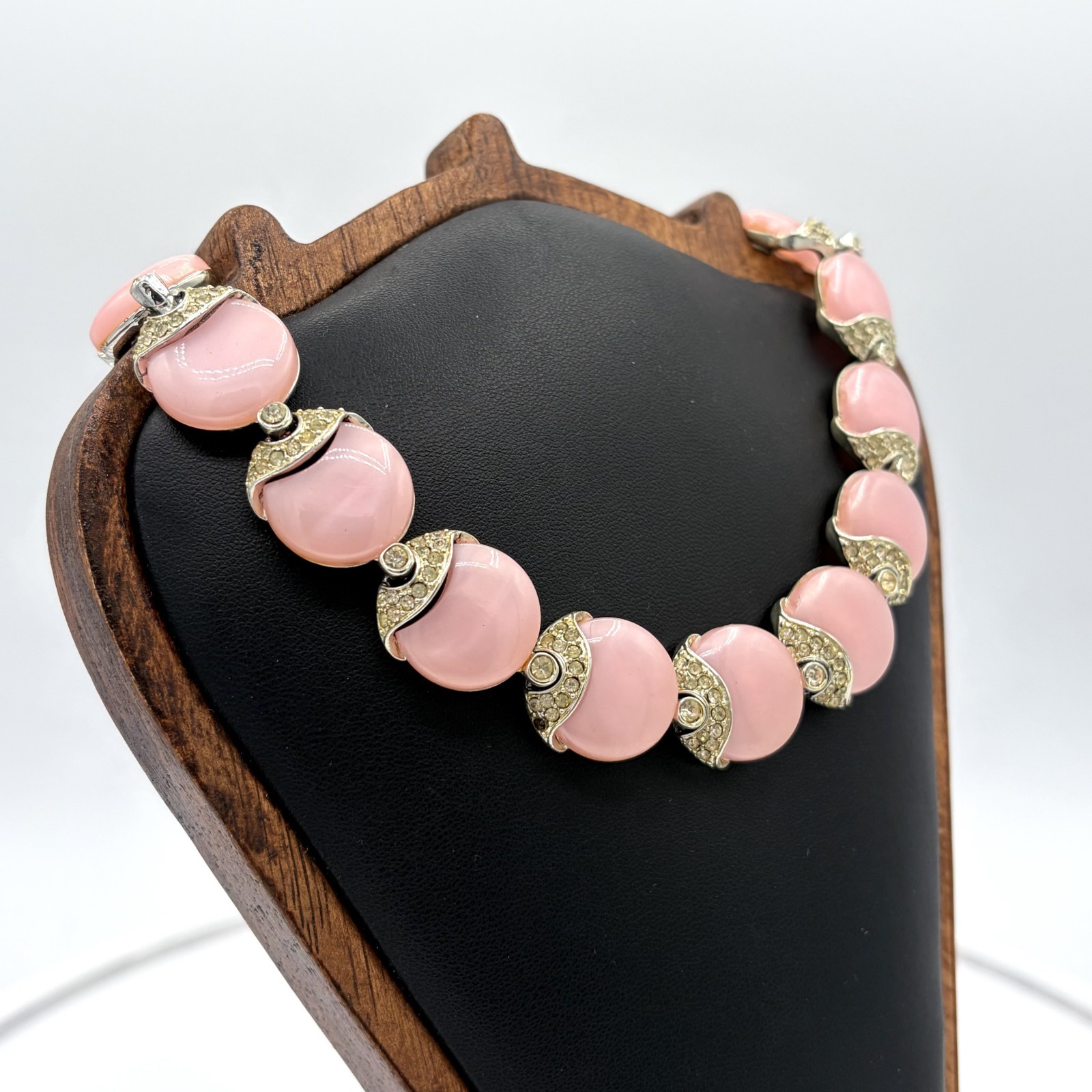 Vintage KRAMER 1950s Silver Toned Pink Cabochon Rhinestone Choker-“ AS IS”