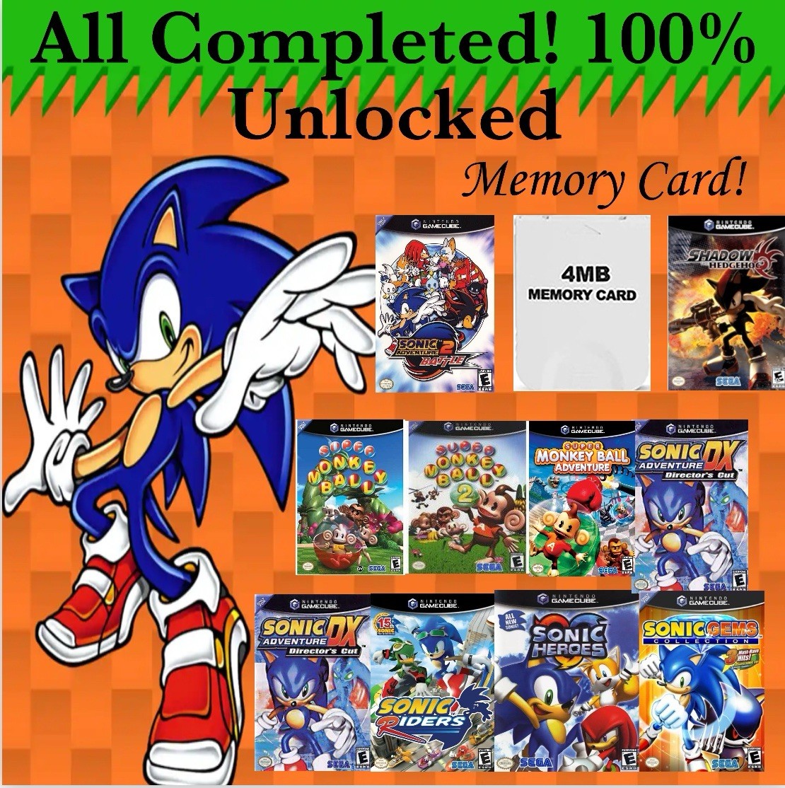 Sonic Mega Collection Unlocked Memory Card Save 100% Complete Nintendo GameCube