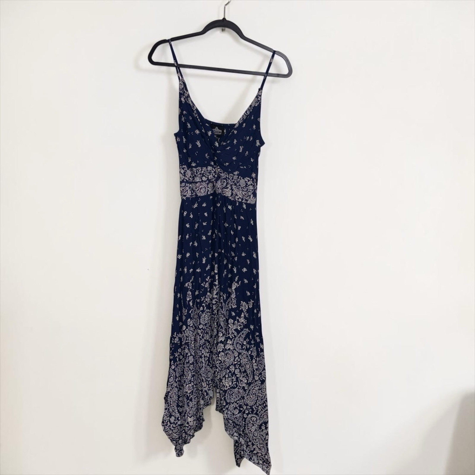 Angie Blue/White Floral A-Line Midi Dress Scoop Neck Sleeveless Rayon M