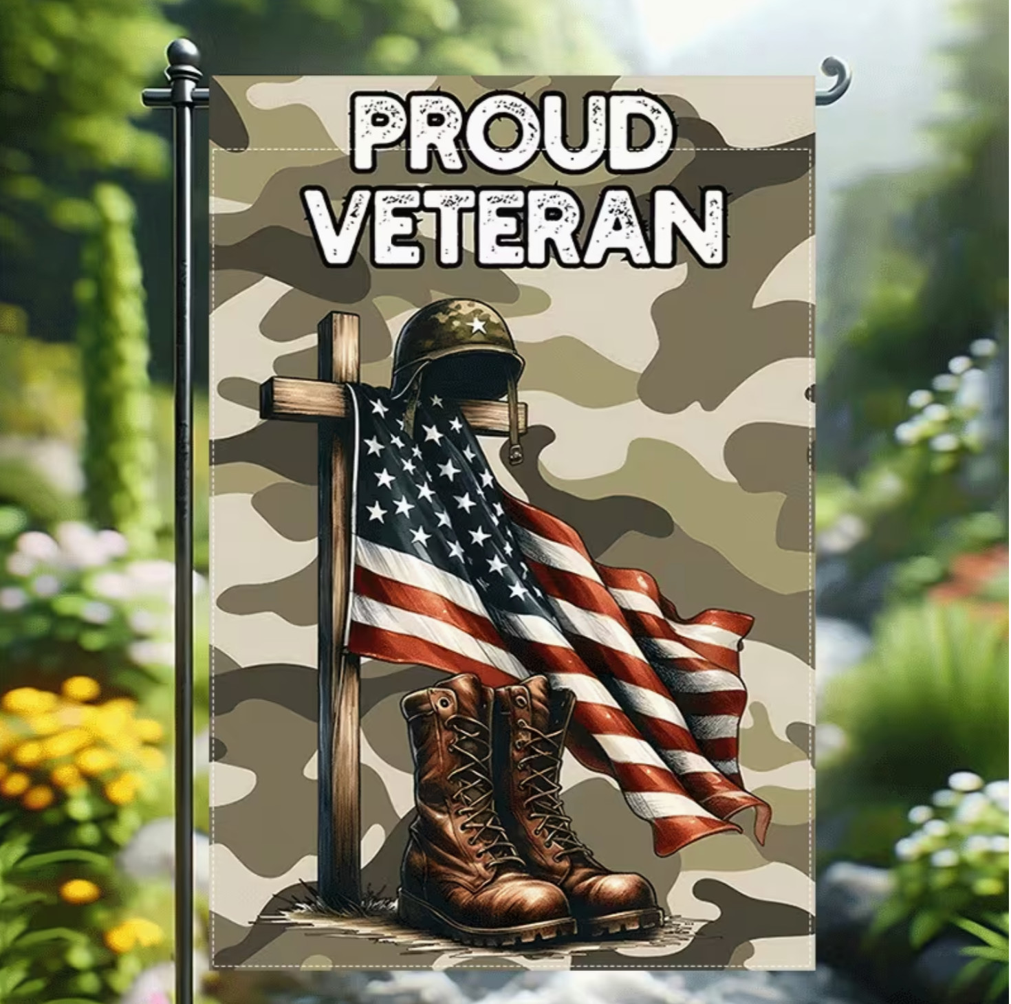 Proud Veteran Commemorative Respect Freedom Army Boots Cross Garden Flag, 12x18\