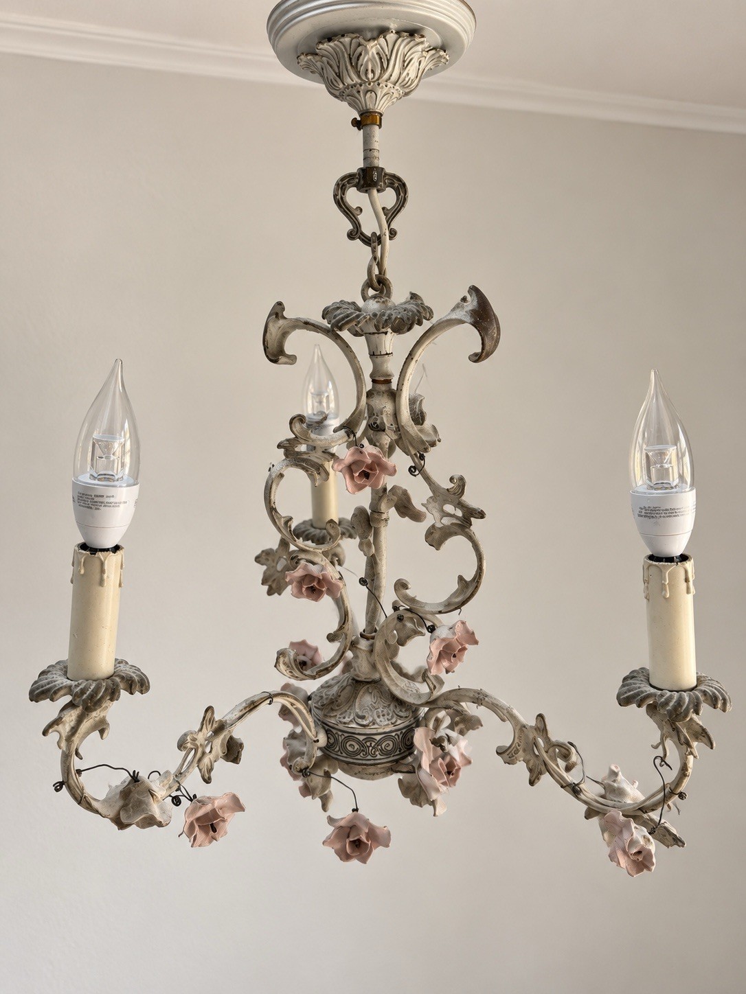 Rococo Ornate Floral 3-Light Cream/Pink Metal Chandelier, Distressed Rococo Ornate Floral 3-Light Cream/Pink Metal Chandelier, Distressed